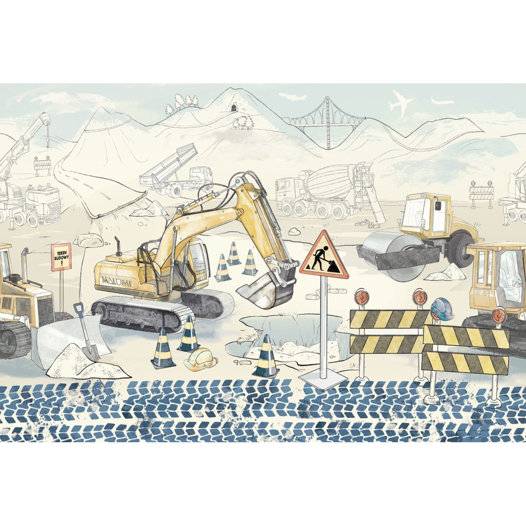 MALUMI Tapeta do pokoju dziecięcego - PLAC BUDOWY mural blue - tapeta z koparkami