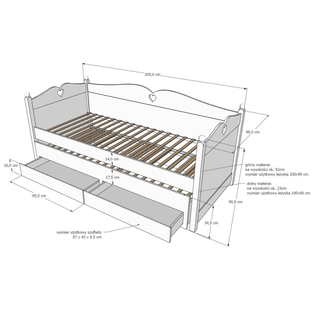 DIANA łóżko podwójne Daybed dla dziewczynki 90x200 - MySweetRoom