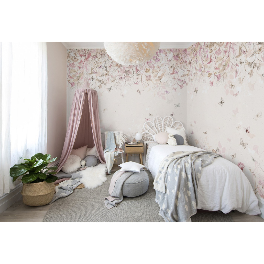 MALUMI TAPETA DO POKOJU DZIECIĘCEGO BUTTERFLIES rose - tapeta dla dziewczynki w motyle i kwiaty