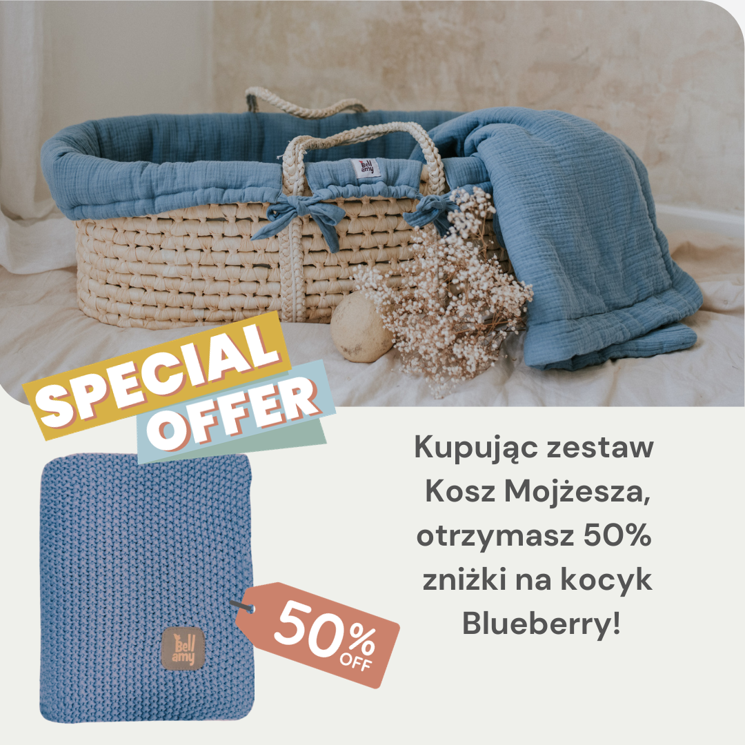 Zestaw: kosz Mojżesza Meeko z materacem + stojak + tekstylia Fine Blue + Bawełniany ryżowy kocyk