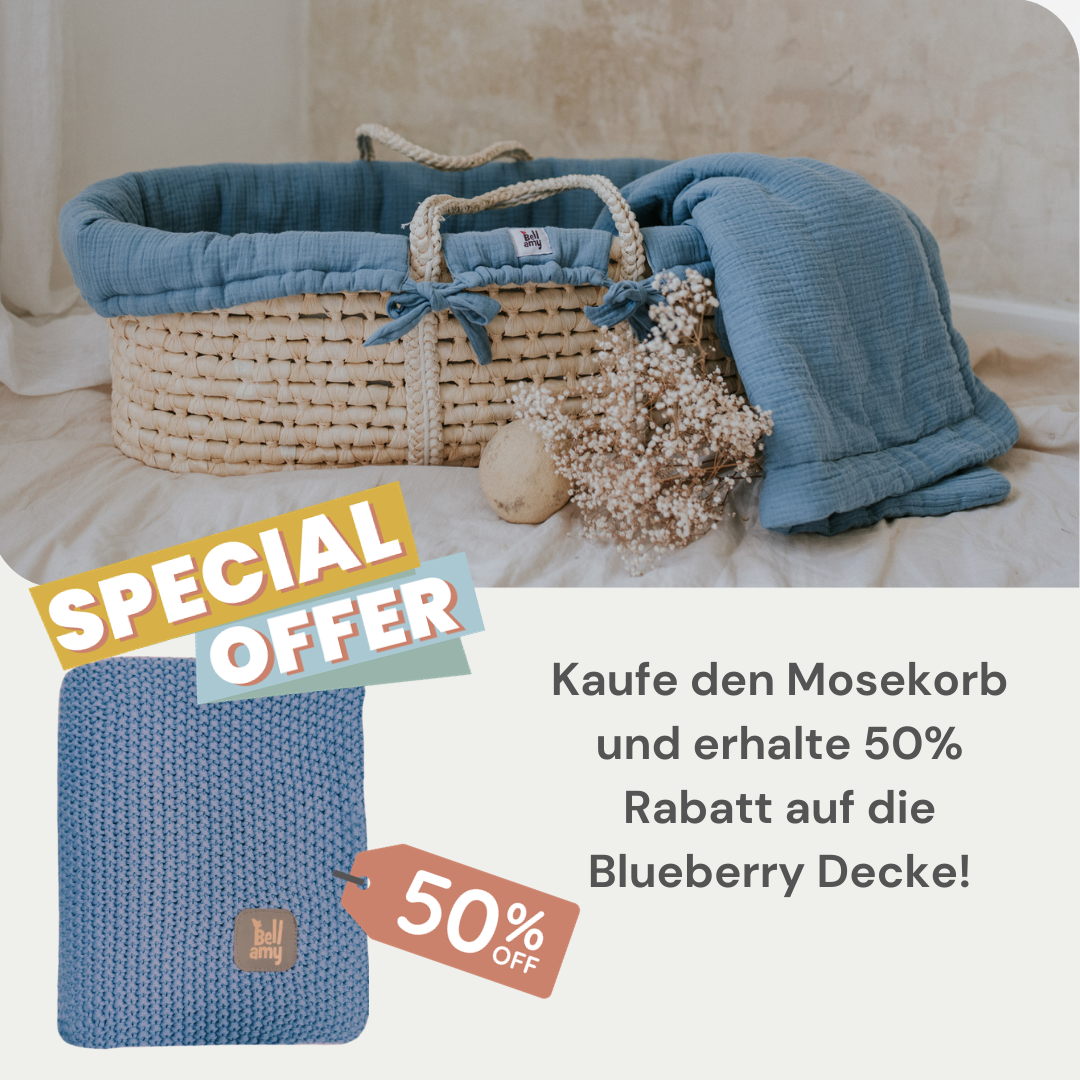 Zestaw: kosz Mojżesza Meeko z materacem + stojak + tekstylia Fine Blue + Bawełniany ryżowy kocyk