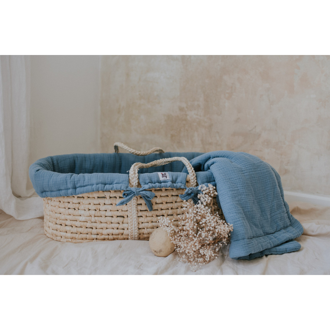 Zestaw: kosz Mojżesza Meeko z materacem + stojak + tekstylia Fine Blue + Bawełniany ryżowy kocyk