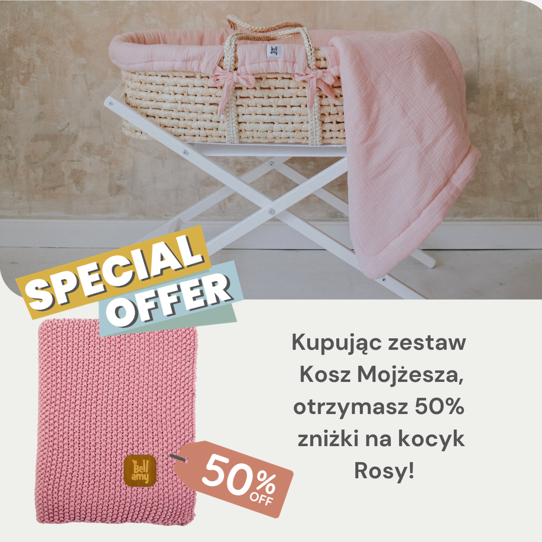 Zestaw: kosz Mojżesza Meeko z materacem + stojak + tekstylia Candy + Bawełniany ryżowy kocyk