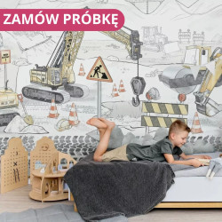 MALUMI Tapeta do pokoju dziecięcego - PLAC BUDOWY mural - grey - tapeta dla chłopca z maszynami budowlanymi
