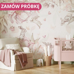 MALUMI Tapeta do pokoju dziecięcego - FLOWER BUNNIES - pink - tapeta dla dziewczynki z króliczkami