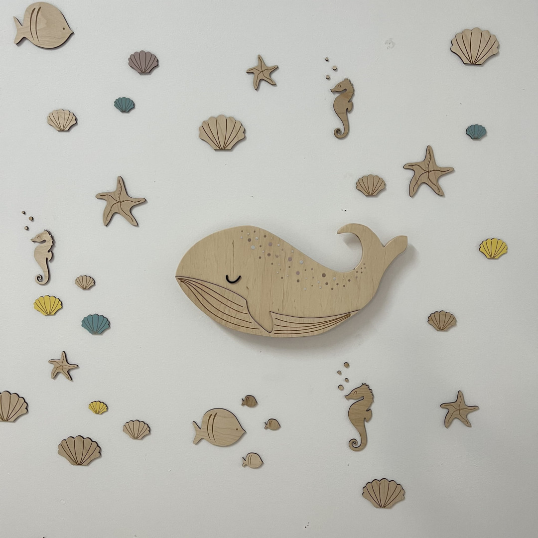 Drewniane dekoracje do pokoju dziecięcego morski zestaw muszelek i rybek