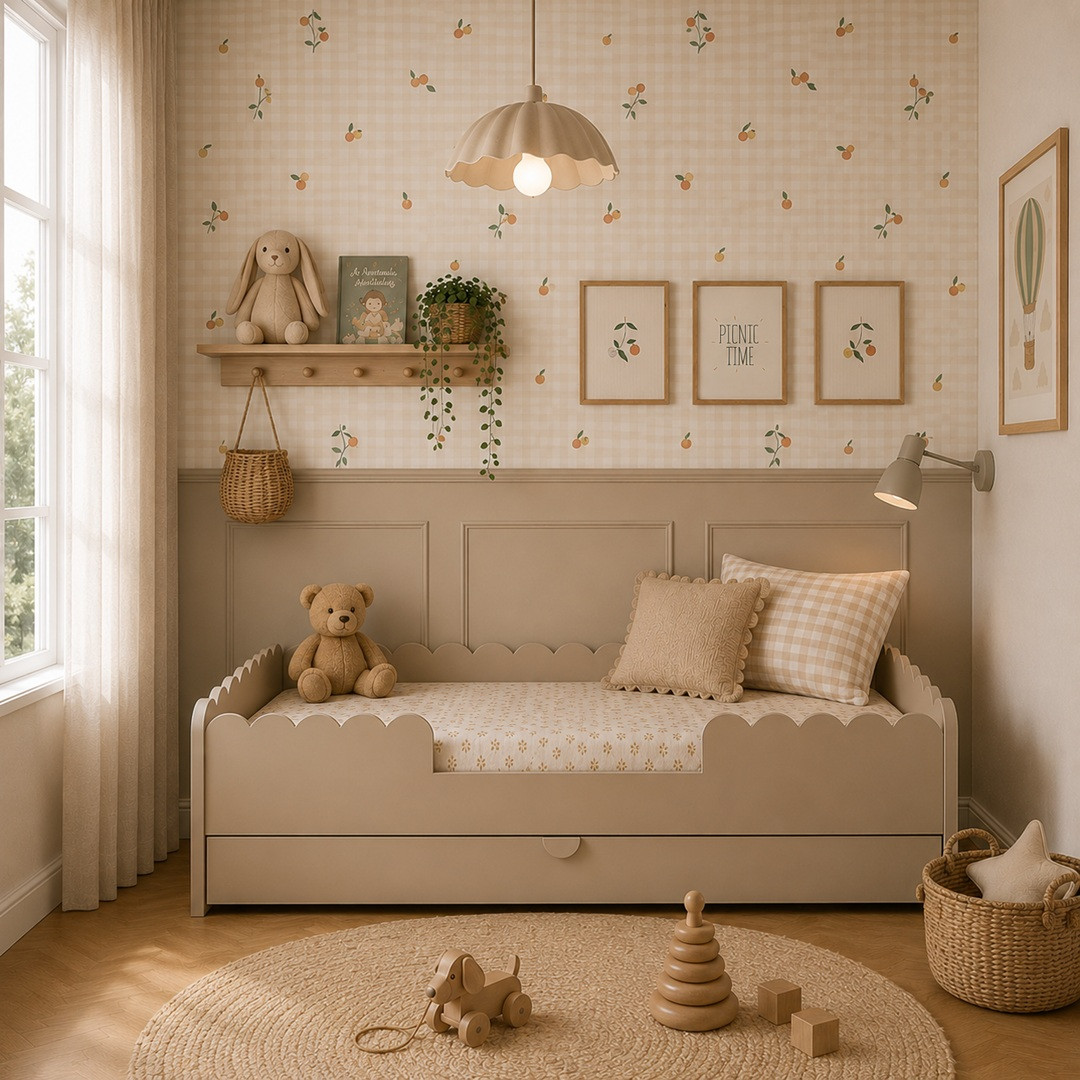 BookNook Łóżko Latte 160x80 z falbanką i szufladą