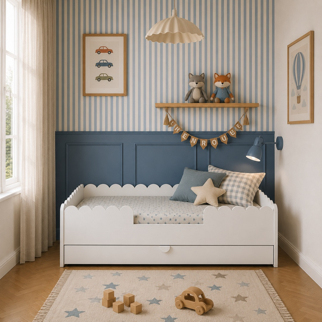 BookNook Łóżko Białe 160x80 z falbanką i szufladą