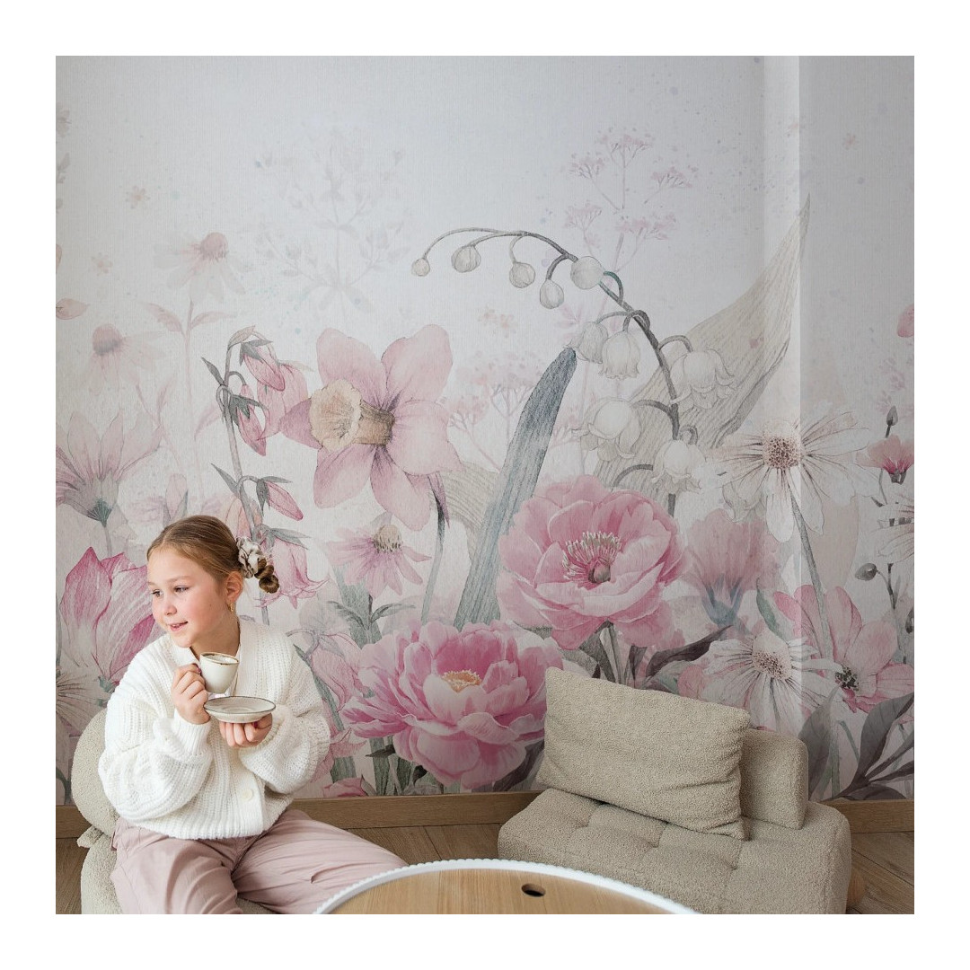 MALUMI TAPETA DO POKOJU DZIECIĘCEGO - BLOOM - PINK- tapeta w różowe kwiaty do pokoju dziewczynki