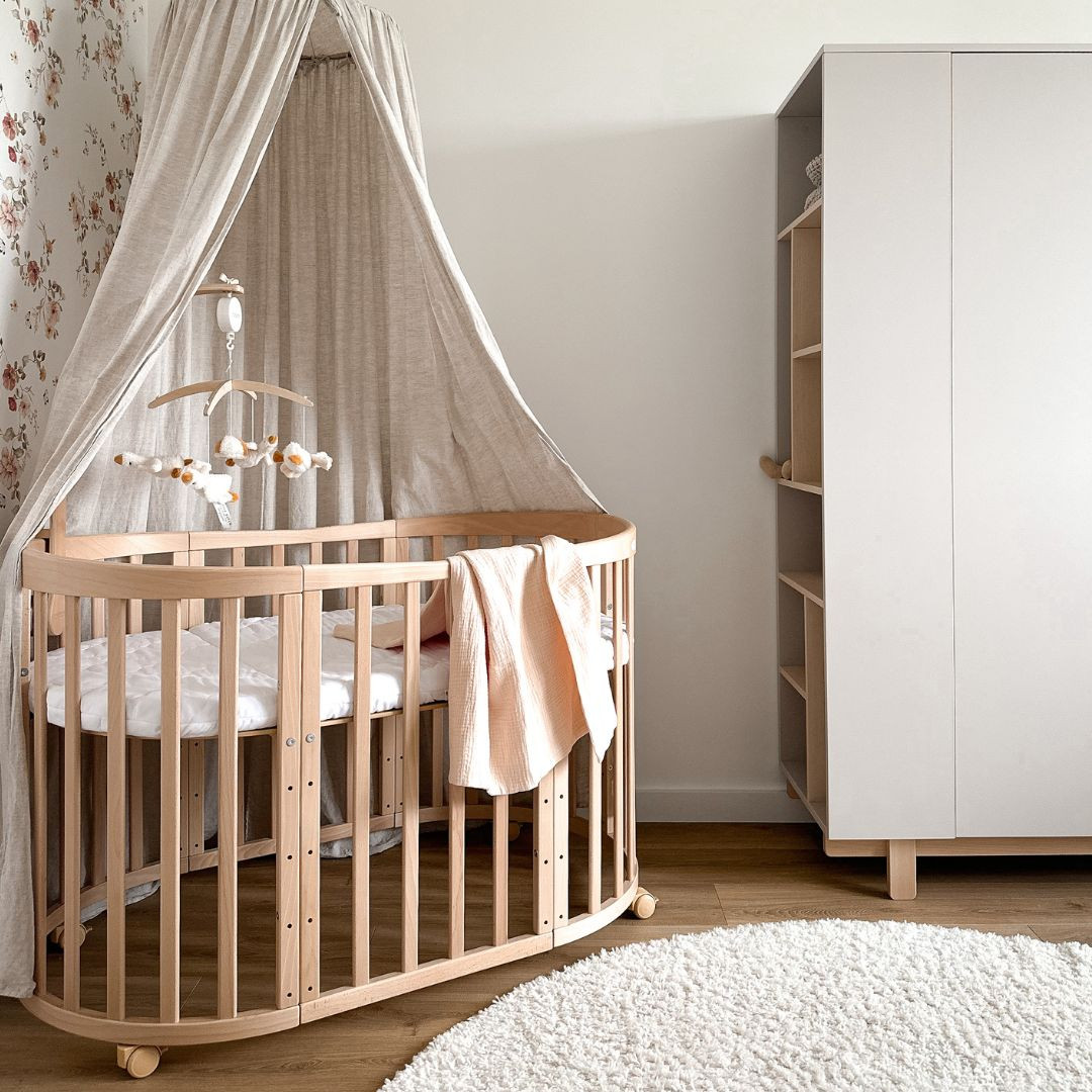 Owalne łóżeczko 7w1 z materacem - Naturalne
