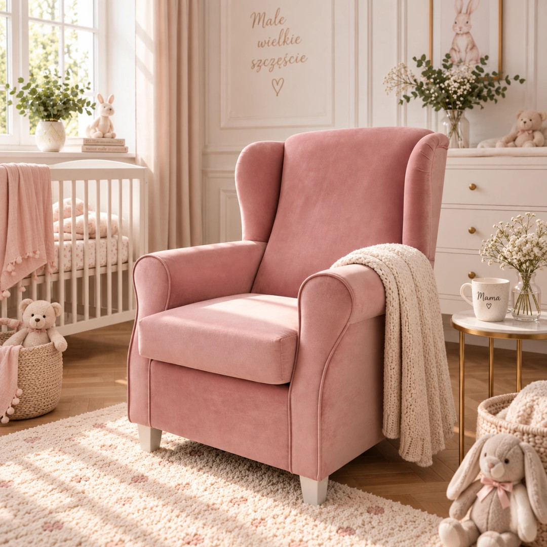 Różowy pluszowy fotel do karmienia - fotel uszak - MySweetRoom