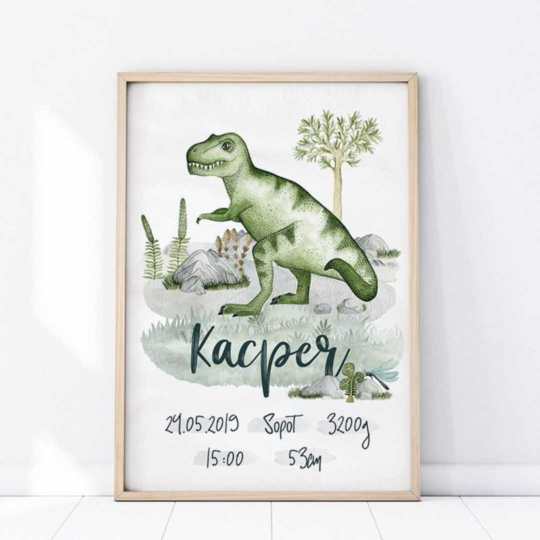 Plakat na ścianę do pokoju dziecięcego Metryczka - Tyranozaur