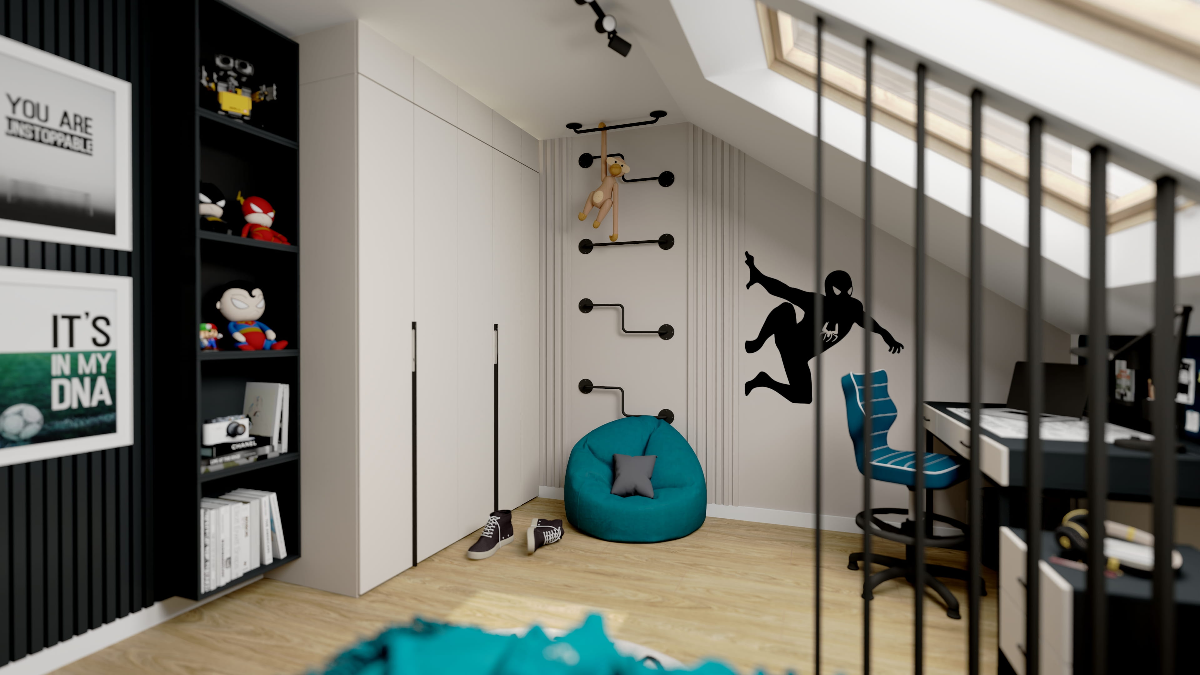 W tym projekcie powstała aranżacja pokoju dla 9-letniego chłopca, który lubi Spider-Mana i sportowy charakter wnętrz. Zależało nam jednak na tym, aby zainteresowania dziecka nie zdominowały całej aranżacji. Motyw superbohatera pojawia się więc w postaci naklejek, które w przyszłości można łatwo wymienić. Bazą projektu są meble Creative marki VOX oraz zabudowa szafy STOR tej samej marki. Całość została uzupełniona mocnymi akcentami w kolorze turkusowym, beżowym i czarnym.