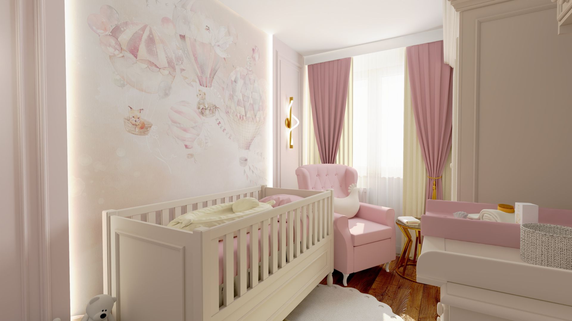 mały pokój dla dziewczynki niemowlaka w stylu glamour z meblami maxime