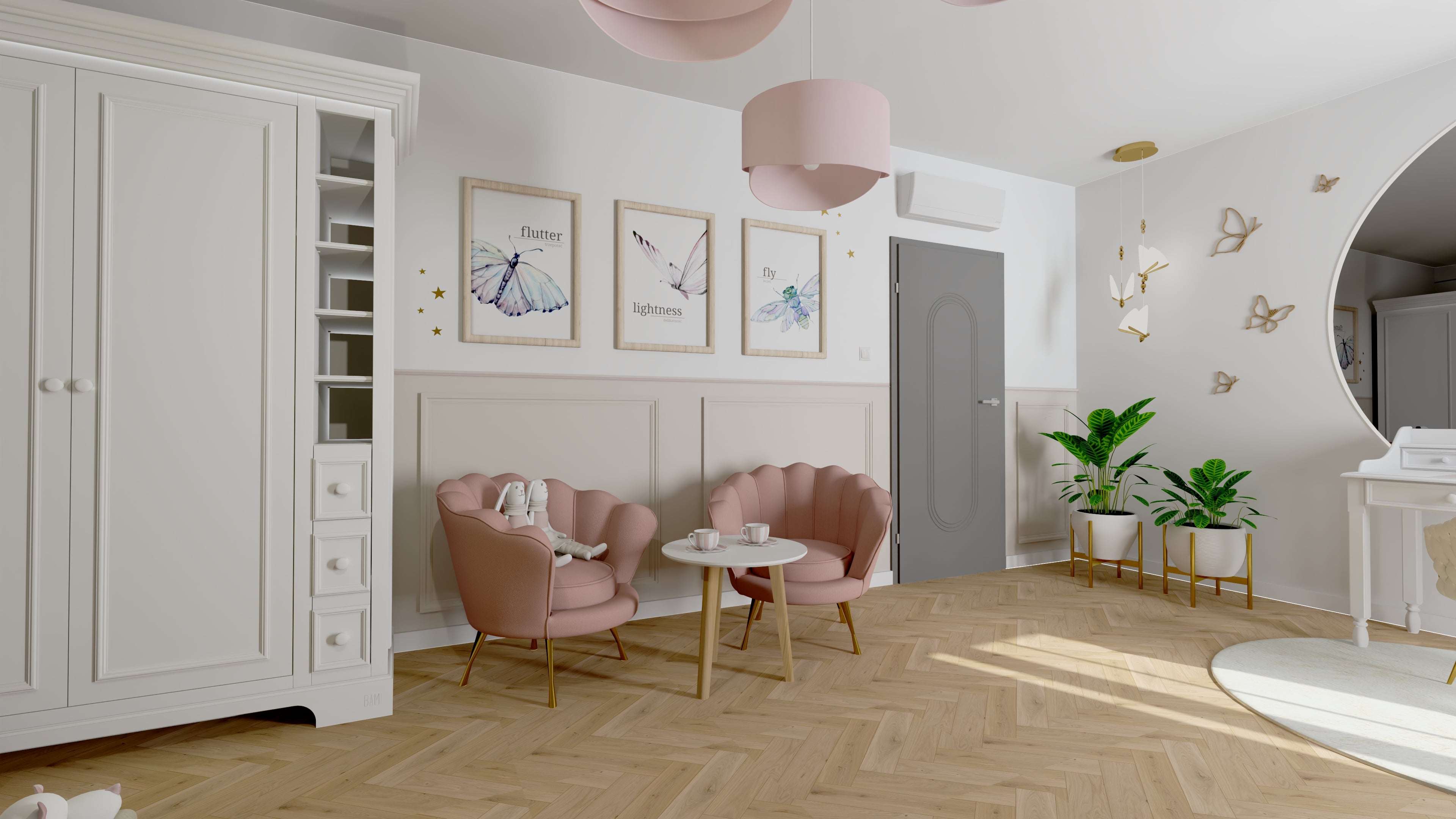 Projekt pokoju dziewczynki z praktycznym układem wnętrza. Aranżacja pokoju dla dziewczynki z miejscem do nauki i zabawy. Pokój dziewczynki z eleganckim i nowoczesnym wystrojem.