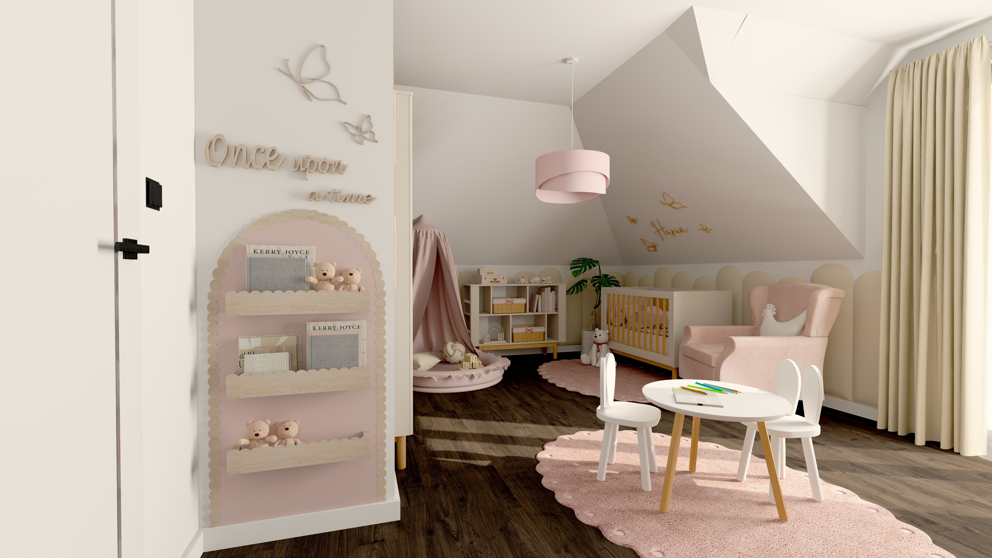 Projekt pokoju dla dziewczynki z kolekcją mebli Pinio. Aranżacja pokoju dziecięcego z meblami Pinio. Inspiracja na pokój dla dziewczynki z jasnymi meblami Pinio.