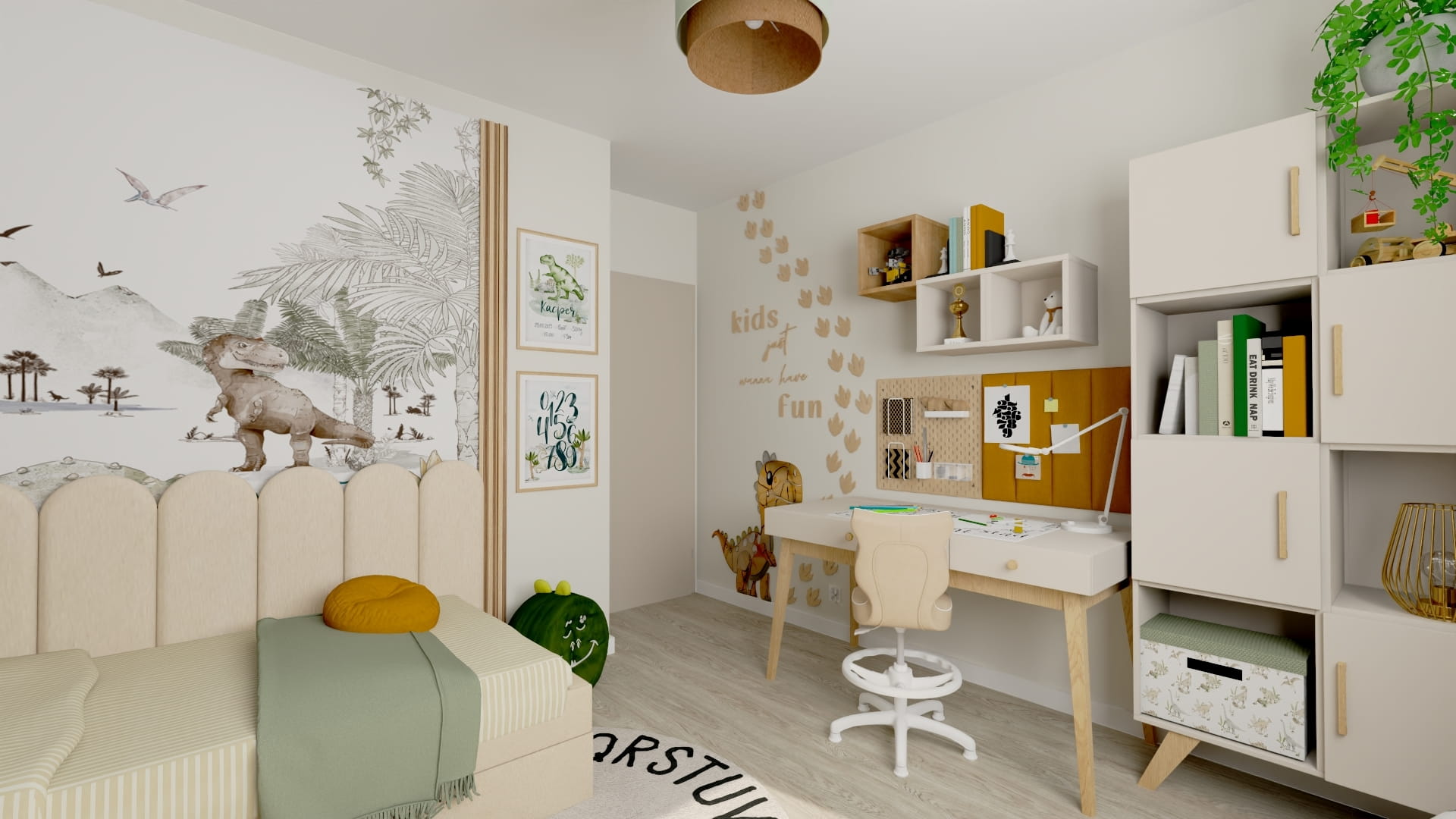 Inspiracja na aranżację pokoju dziecięcego. Pokój dziecka z dekoracyjną ścianą i modnymi dodatkami. Funkcjonalny pokój dziecięcy z miejscem do nauki i zabawy.