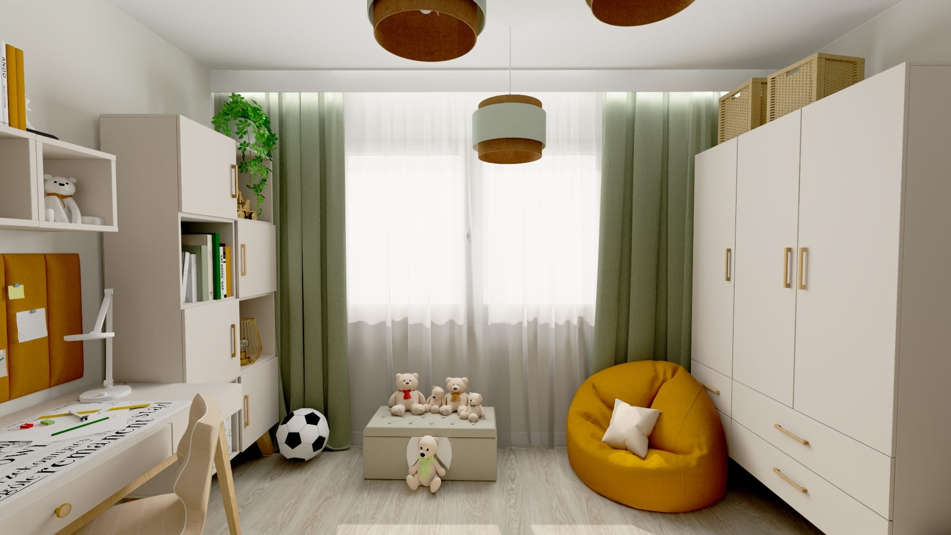 Nowoczesna aranżacja pokoju dziecięcego z funkcjonalnymi meblami. Stylowy pokój dziecięcy z przytulnym wystrojem. Projekt wnętrza pokoju dziecka z jasną kolorystyką.