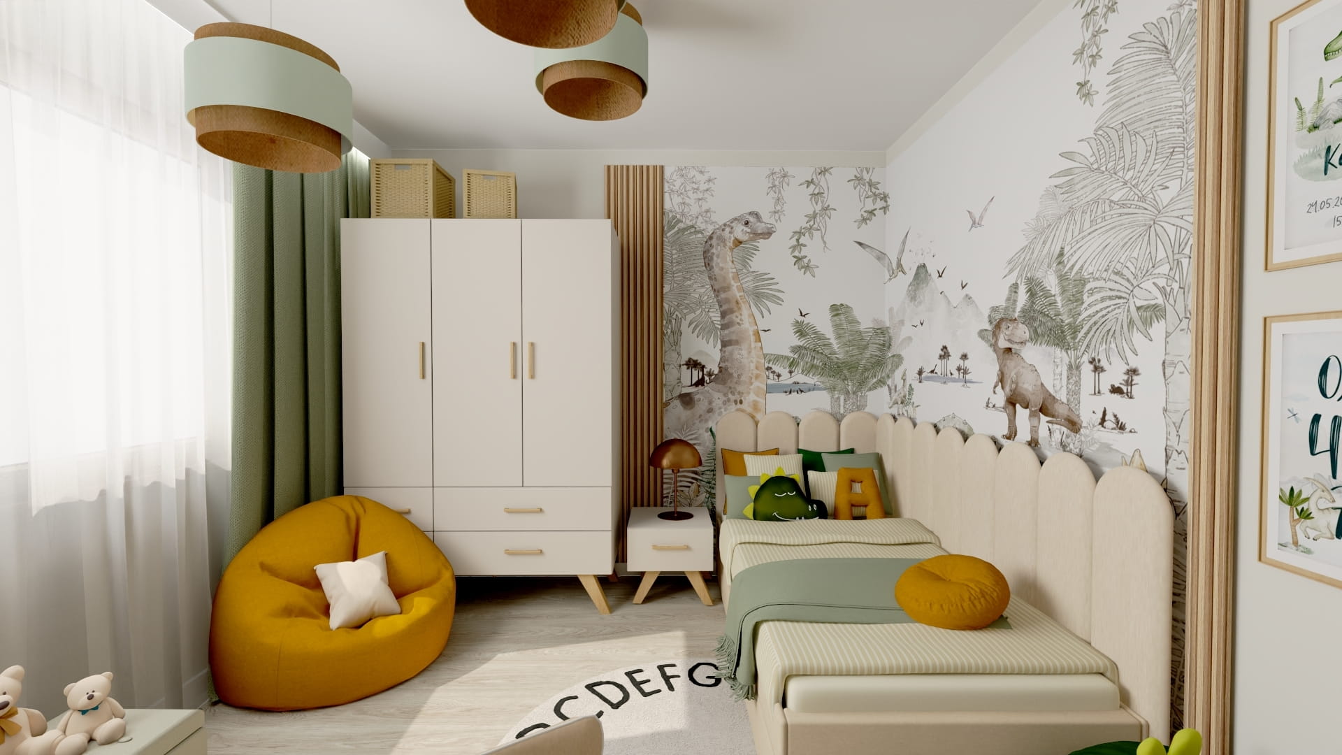 Projekt pokoju dziecięcego z nowoczesną i funkcjonalną aranżacją. Inspiracja na pokój dziecka z jasną kolorystyką i modnymi dodatkami. Aranżacja pokoju dziecięcego z praktycznym układem mebli.