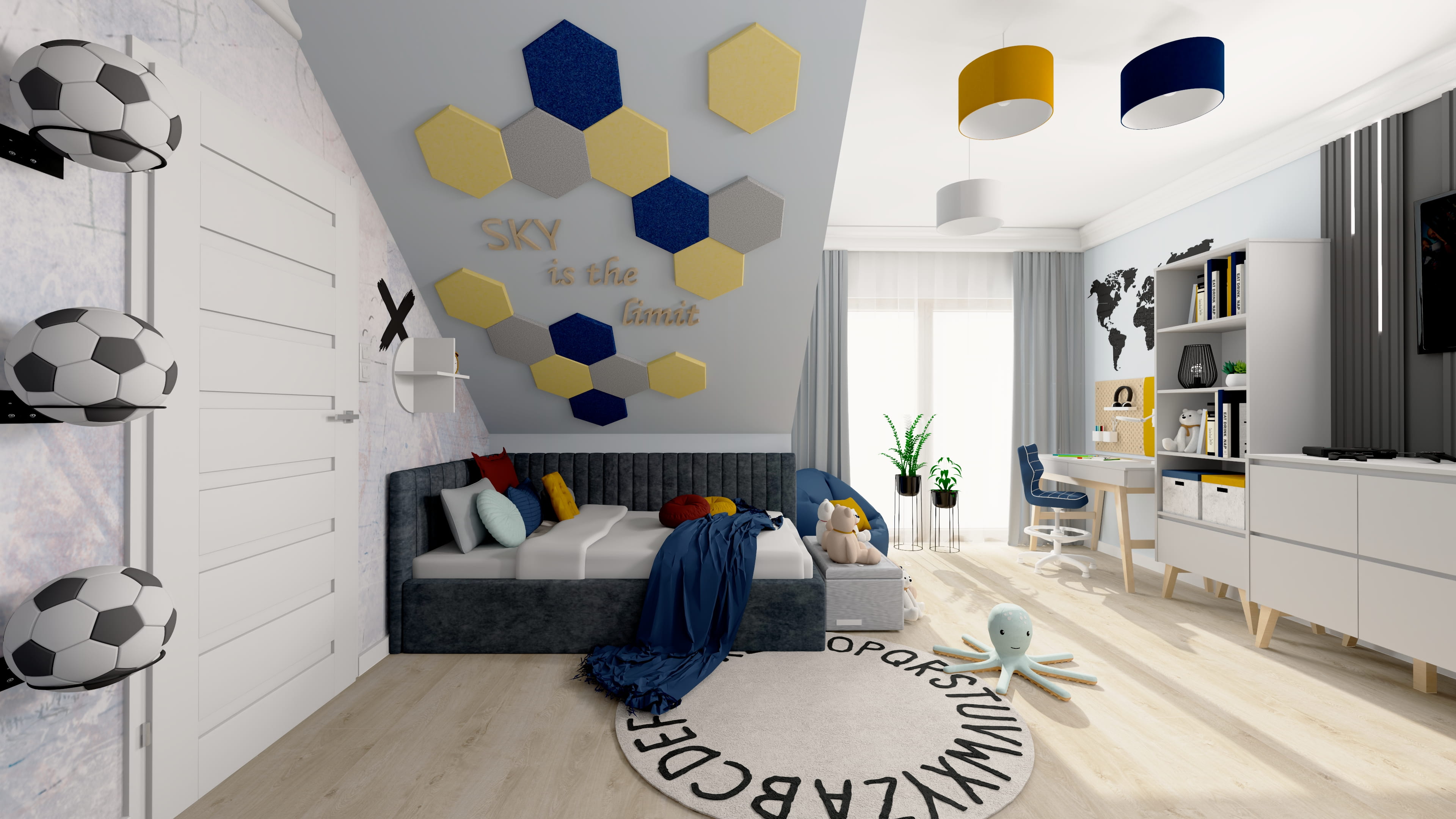 Pomysł na pokój młodzieżowy dla chłopca w modnym stylu. Aranżacja pokoju dla chłopca z przestrzenią do nauki i odpoczynku.Projekt pokoju chłopca – inspiracja na funkcjonalny pokój młodzieżowy.