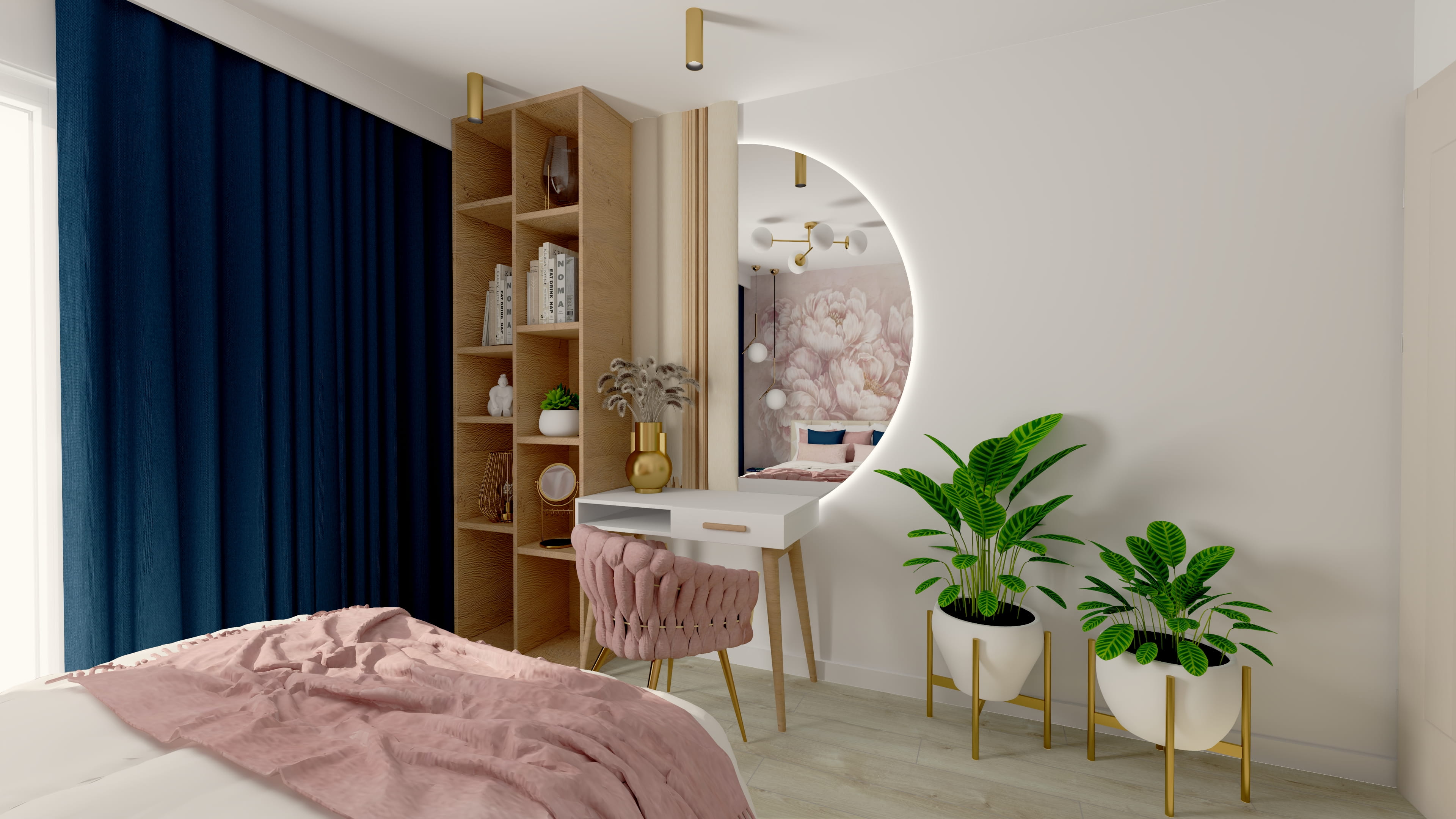 Pokój dla dziewczynki nastolatki z eleganckim i nowoczesnym wystrojem. Aranżacja pokoju młodzieżowego dla dziewczynki z funkcjonalnym biurkiem i dodatkami. Projekt pokoju dla nastolatki z jasnymi meblami i dekoracyjnymi dodatkami.