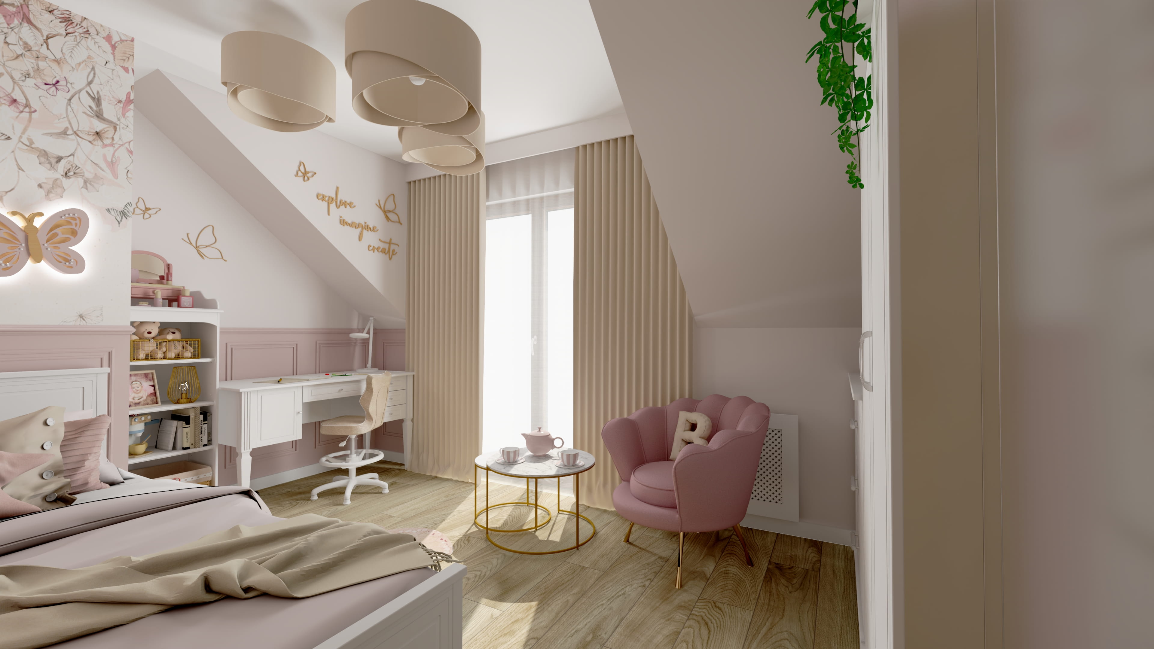 Inspiracja na pokój dla dziewczynki w nowoczesnym stylu. Pokój dla dziewczynki z modnymi dodatkami dekoracyjnymi. Projekt pokoju dla dziewczynki z funkcjonalnymi meblami.