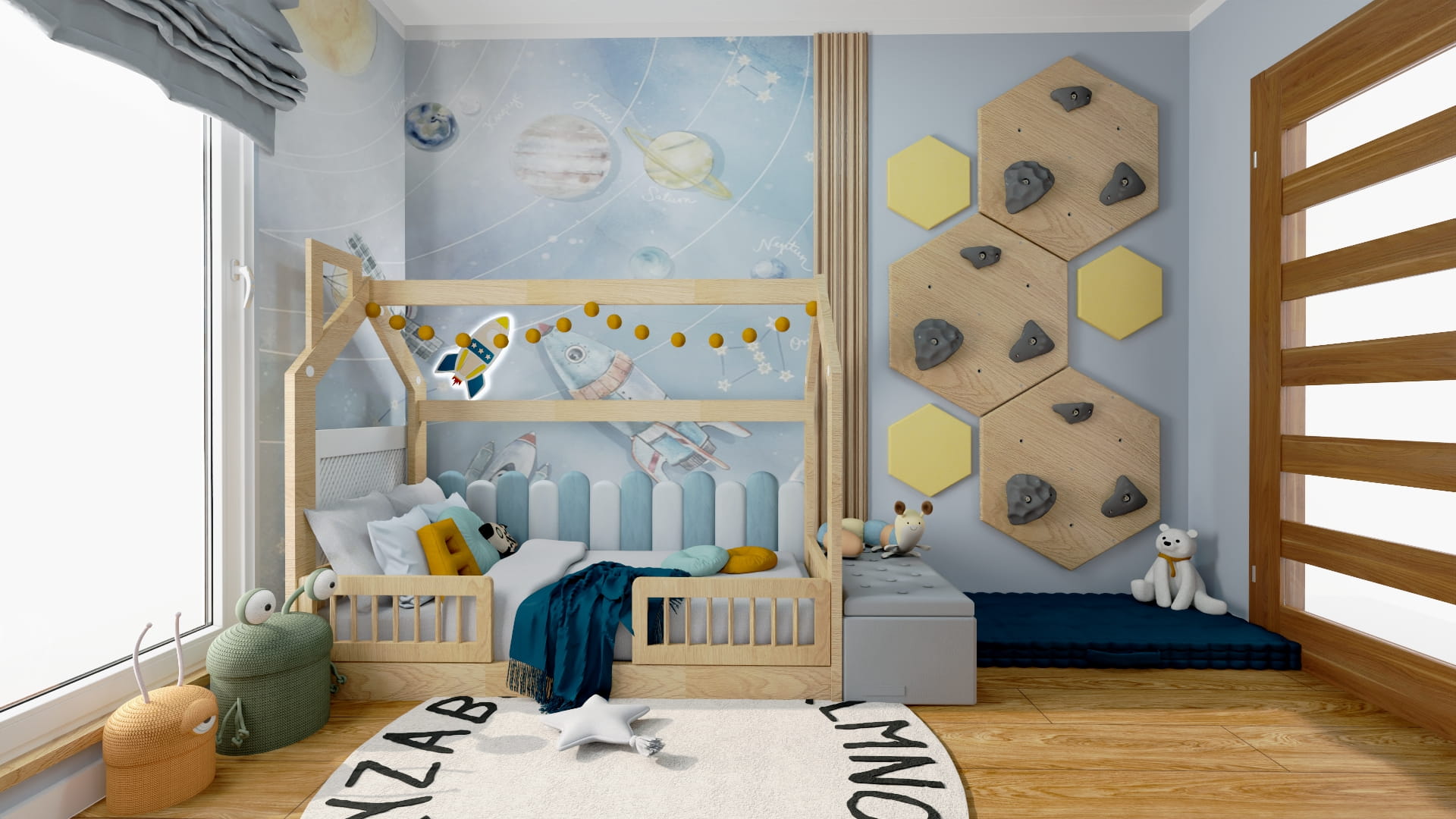 Inspiracja na stylowy pokój chłopca. Projekt pokoju dziecięcego z funkcjonalną i nowoczesną aranżacją. Pokój dziecka z jasną kolorystyką i przytulnym wystrojem.