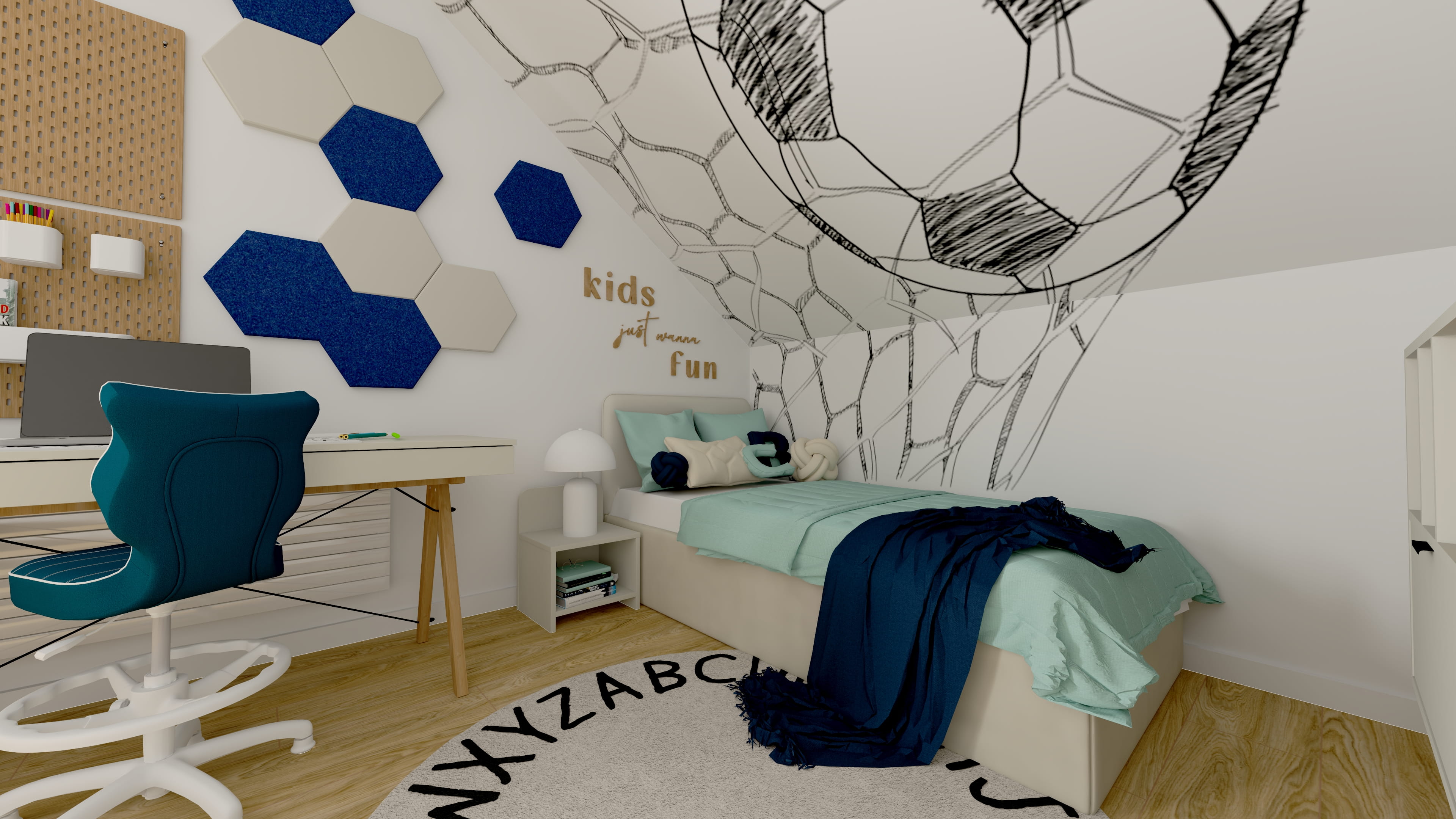Projekt pokoju dla chłopca z nowoczesną aranżacją i funkcjonalnymi meblami. Aranżacja pokoju chłopca z miejscem do zabawy i odpoczynku Projekt pokoju dla chłopca w stylu młodzieżowym.