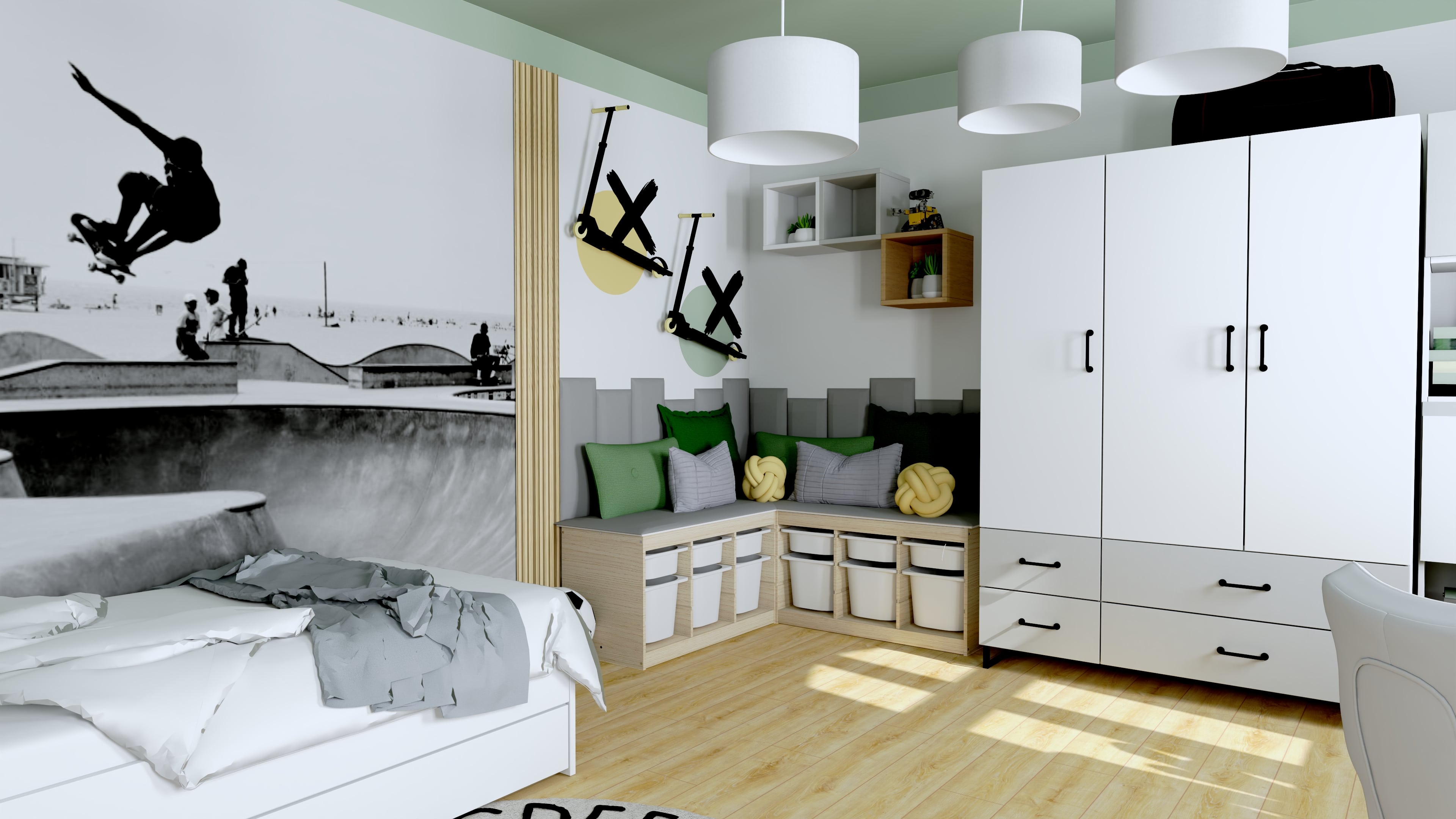 Pokój dla chłopca z nowoczesnym designem i strefą nauki. Projekt pokoju młodzieżowego z nowoczesnym biurkiem i strefą nauki.