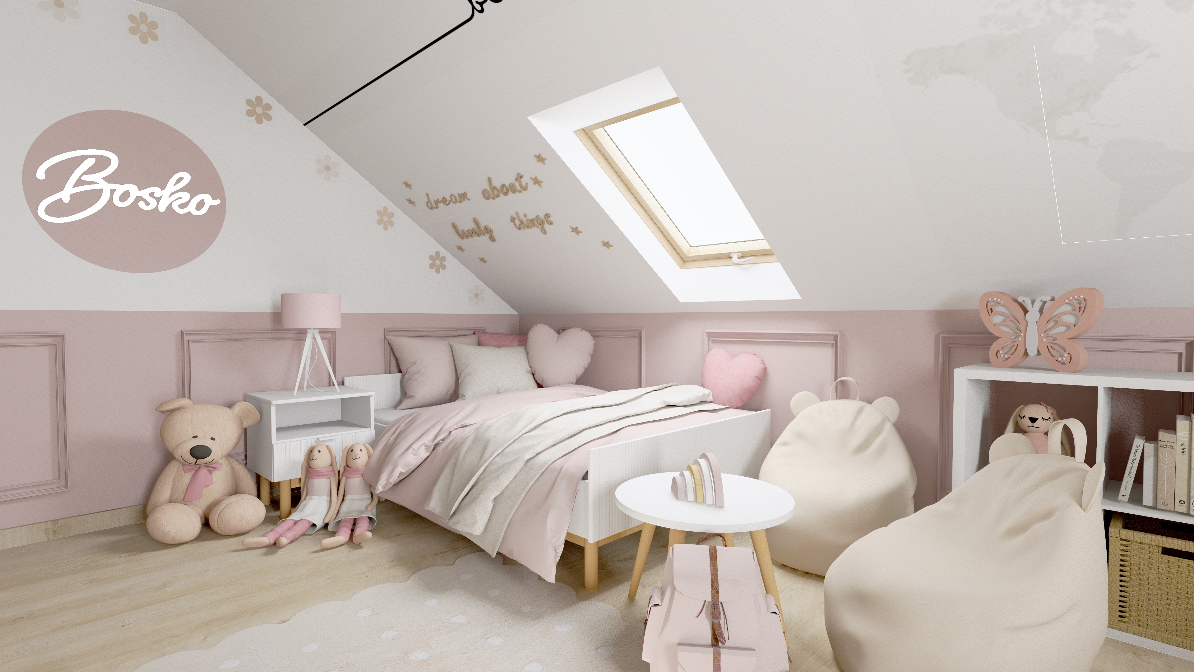 Projekt pokoju młodzieżowego dla dziewczynki. Pokój dla dziewczynki nastolatki z dekoracyjną ścianą. Inspiracja na stylowy pokój młodzieżowy dla dziewczynki.