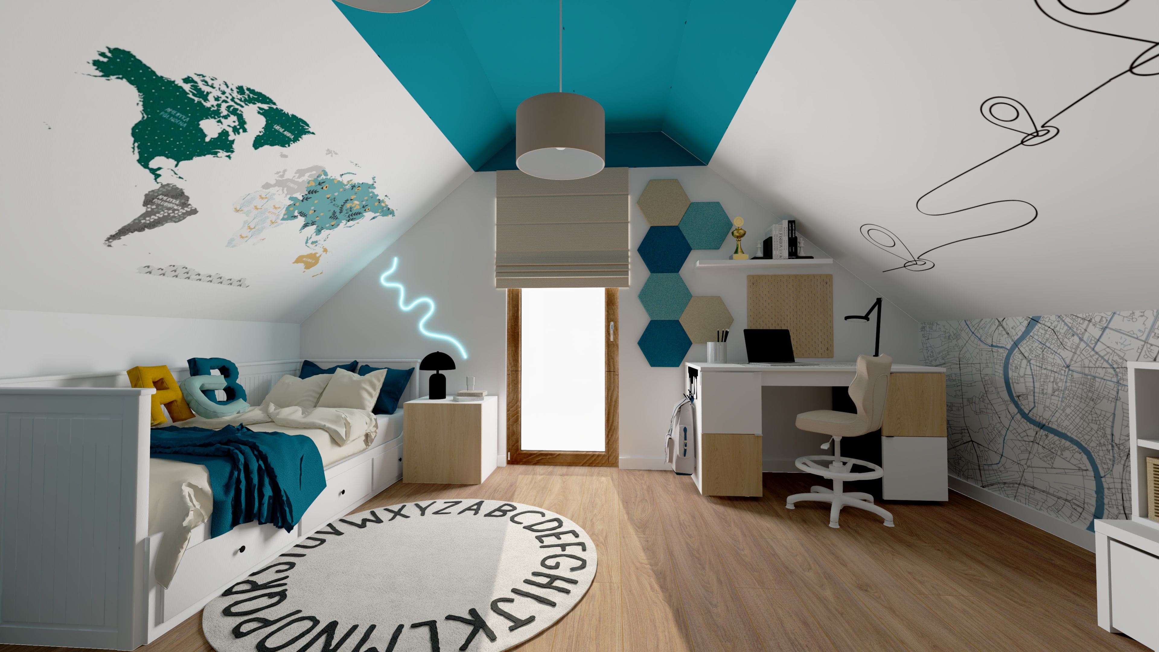 Pokój chłopca na poddaszu z meblami Young Users i niebieskimi dodatkami Nowoczesny pokój dziecięcy na poddaszu z mapą świata Yoko Design Aranżacja pokoju chłopca ze skosami i meblami Young Users