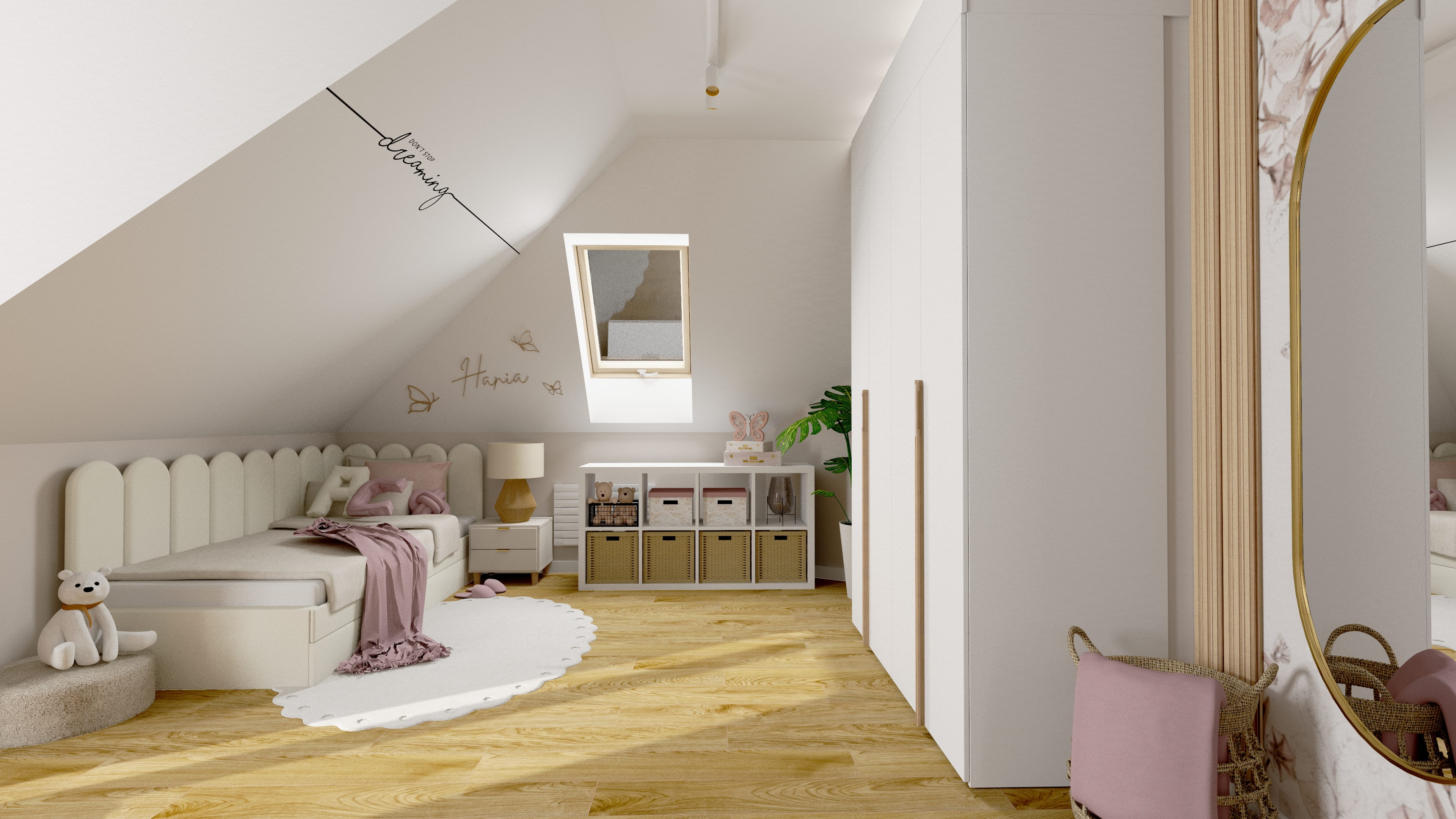 Inspiracja na pokój nastolatki z minimalistycznym wystrojem. Pokój dla dziewczynki nastolatki z dekoracyjną ścianą i nowoczesnym designem. Aranżacja pokoju młodzieżowego dla dziewczynki z przestrzenią do nauki i odpoczynku.