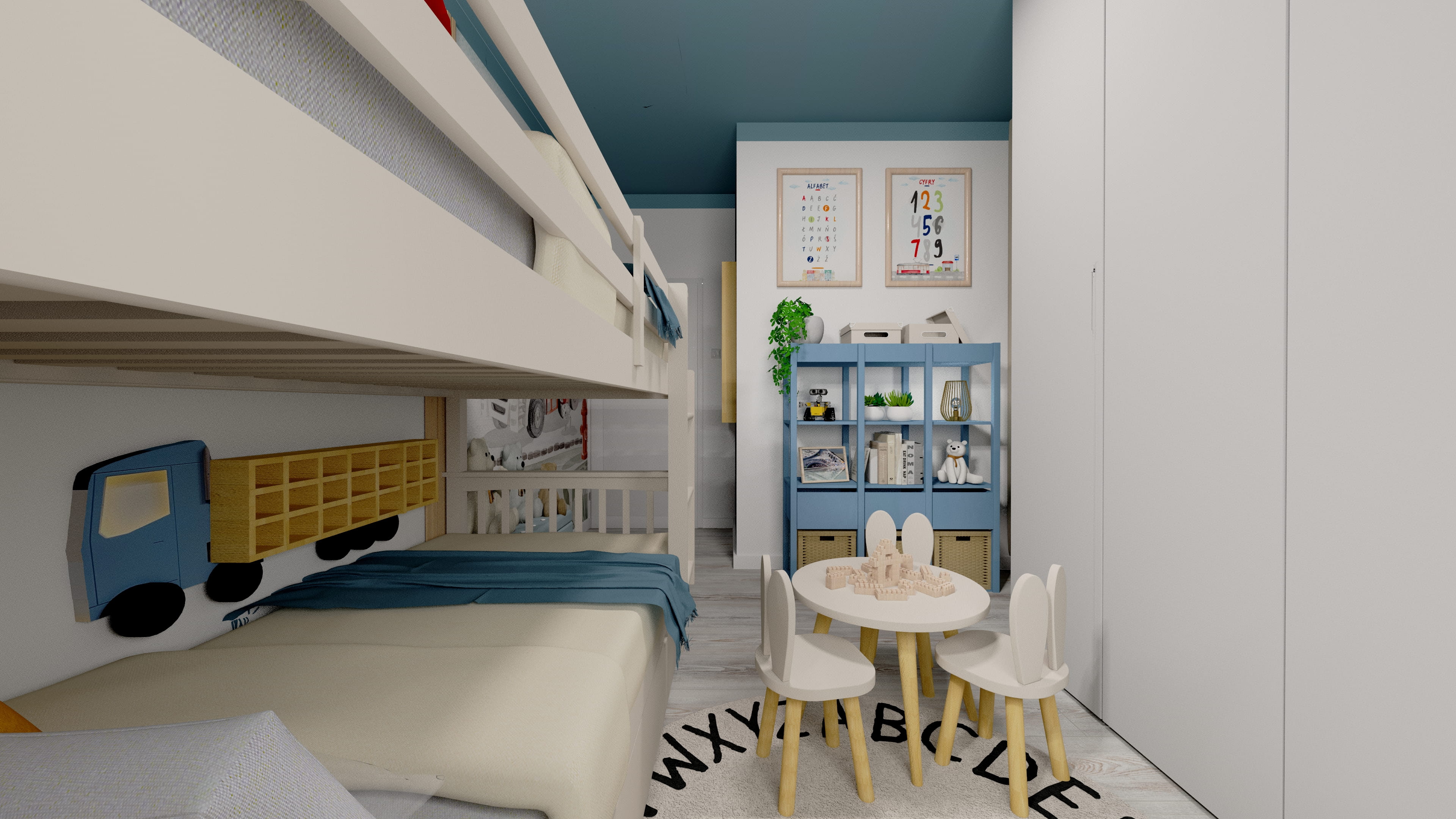Projekt pokoju dla rodzeństwa z modnymi dodatkami i dekoracjami. Wspólny pokój dziecięcy dla rodzeństwa z funkcjonalnym układem. Projekt pokoju dla dzieci dzielących wspólną przestrzeń.