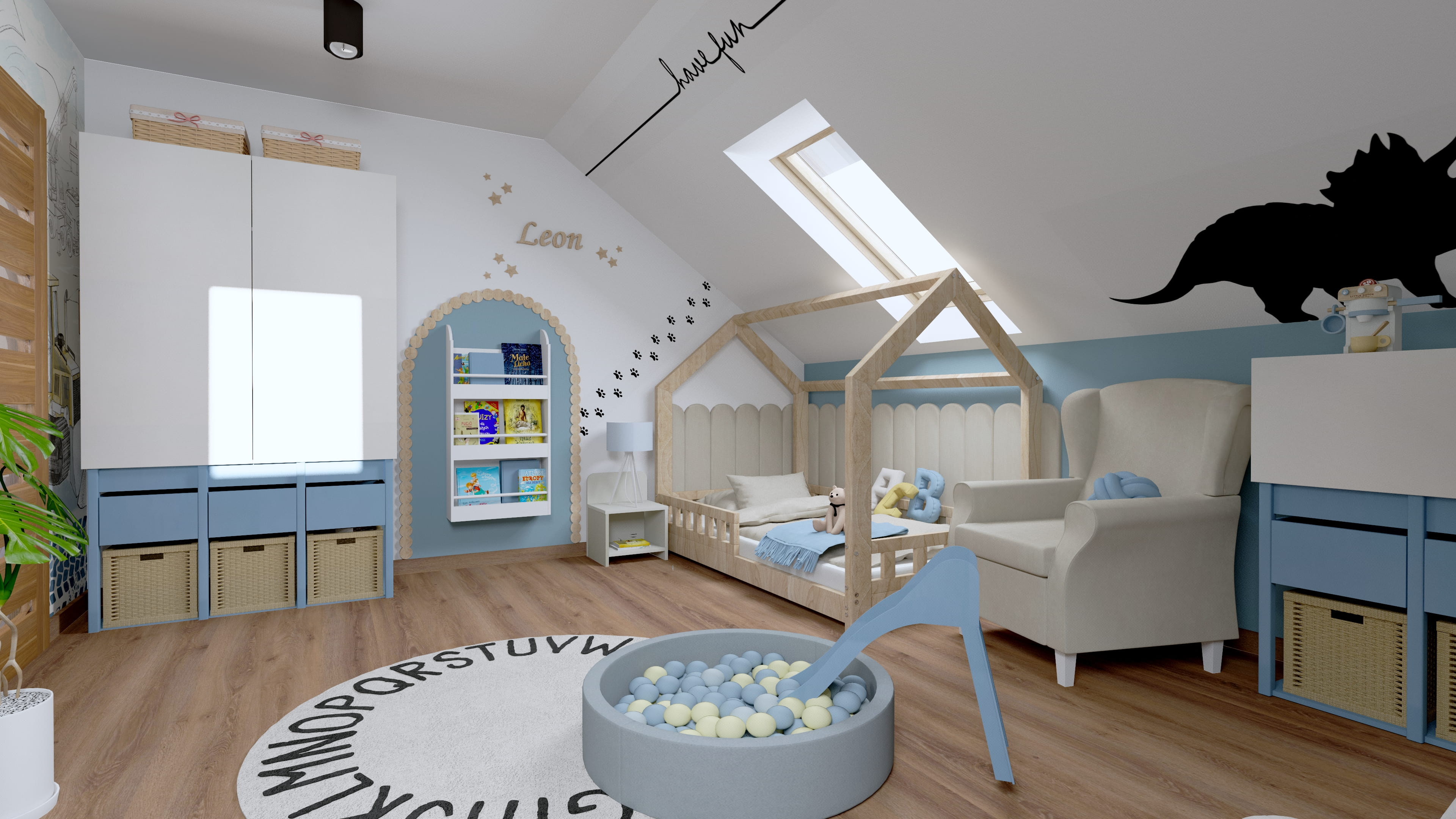 Pokój dziecięcy z motywem ciężarówek i pojazdów. Pokój dla chłopca z dekoracyjną grafiką samochodową. Projekt pokoju chłopca z motywem pojazdów budowlanych.