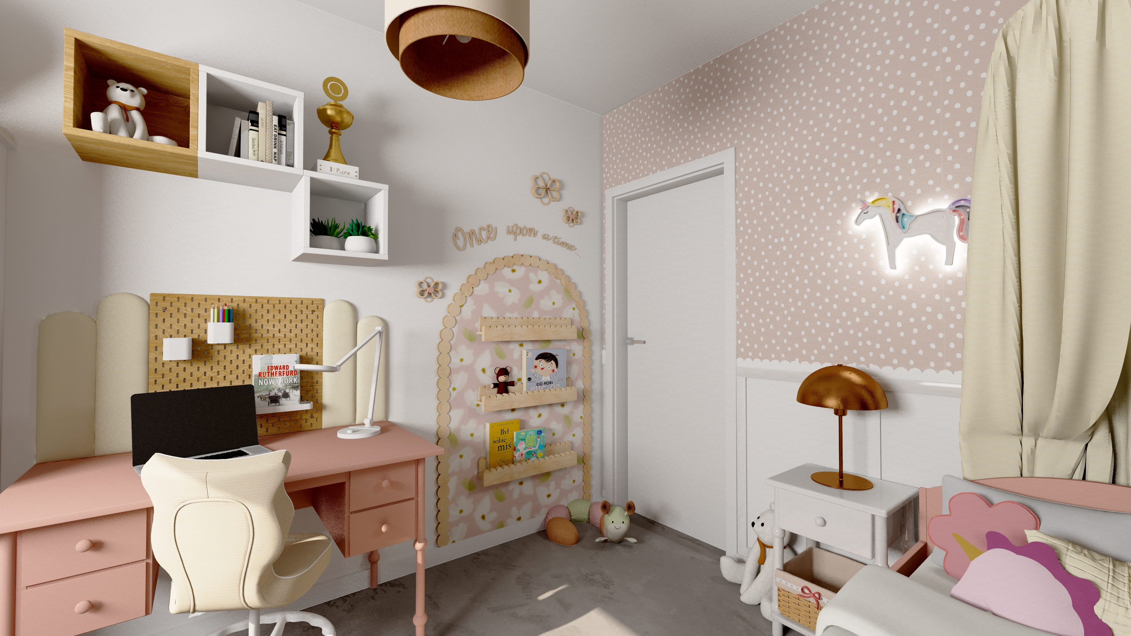 Inspiracja na pokój nastolatki z minimalistycznym wystrojem. Pokój dla dziewczynki nastolatki z dekoracyjną ścianą i nowoczesnym designem. Aranżacja pokoju młodzieżowego dla dziewczynki z przestrzenią do nauki i odpoczynku.