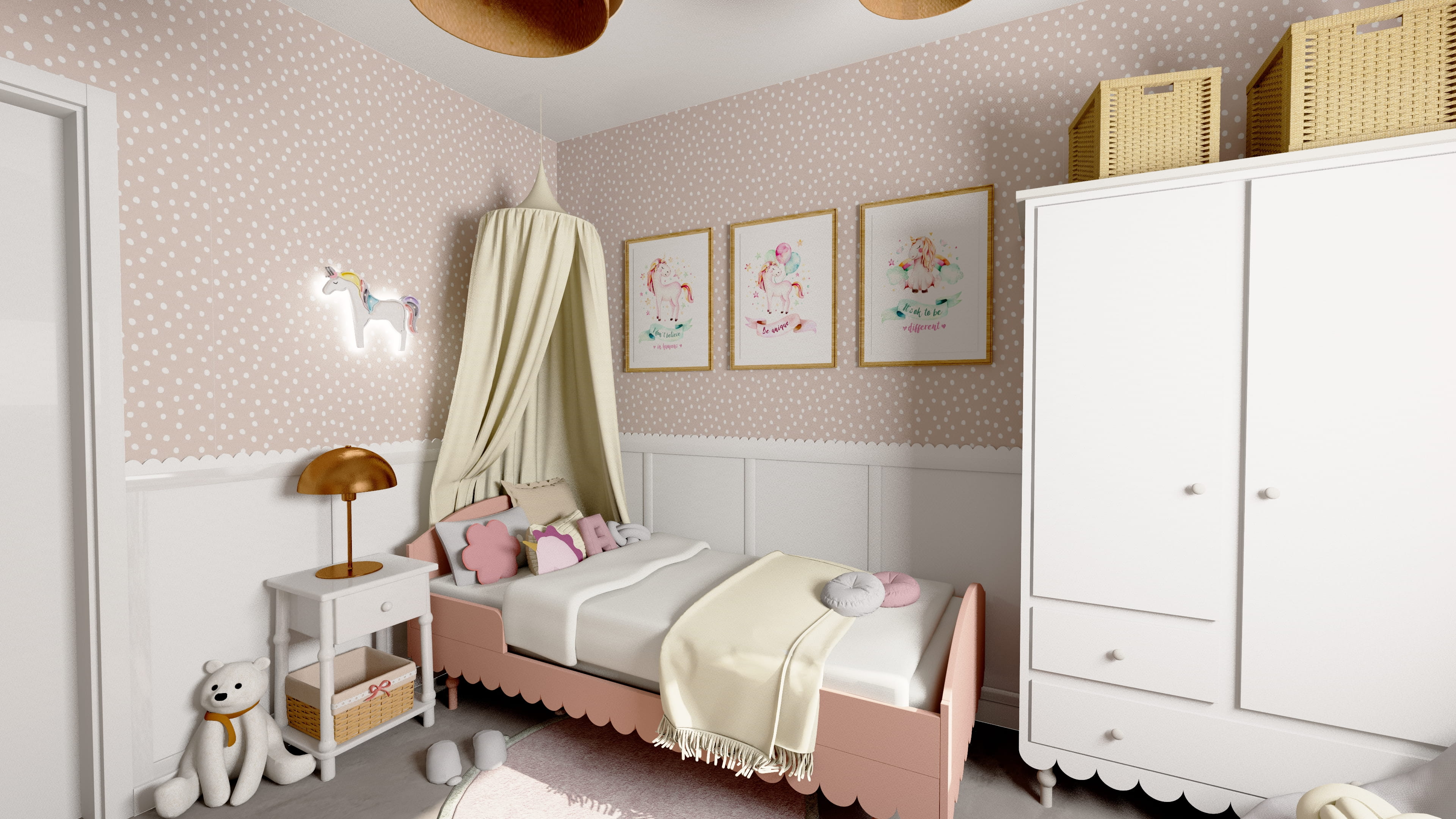 Pokój młodzieżowy dla dziewczynki z pastelową kolorystyką i funkcjonalnym biurkiem. Projekt pokoju dla nastolatki z modnymi dekoracjami i miejscem do nauki. Aranżacja pokoju młodzieżowego dla dziewczynki z wygodnym łóżkiem i półkami.