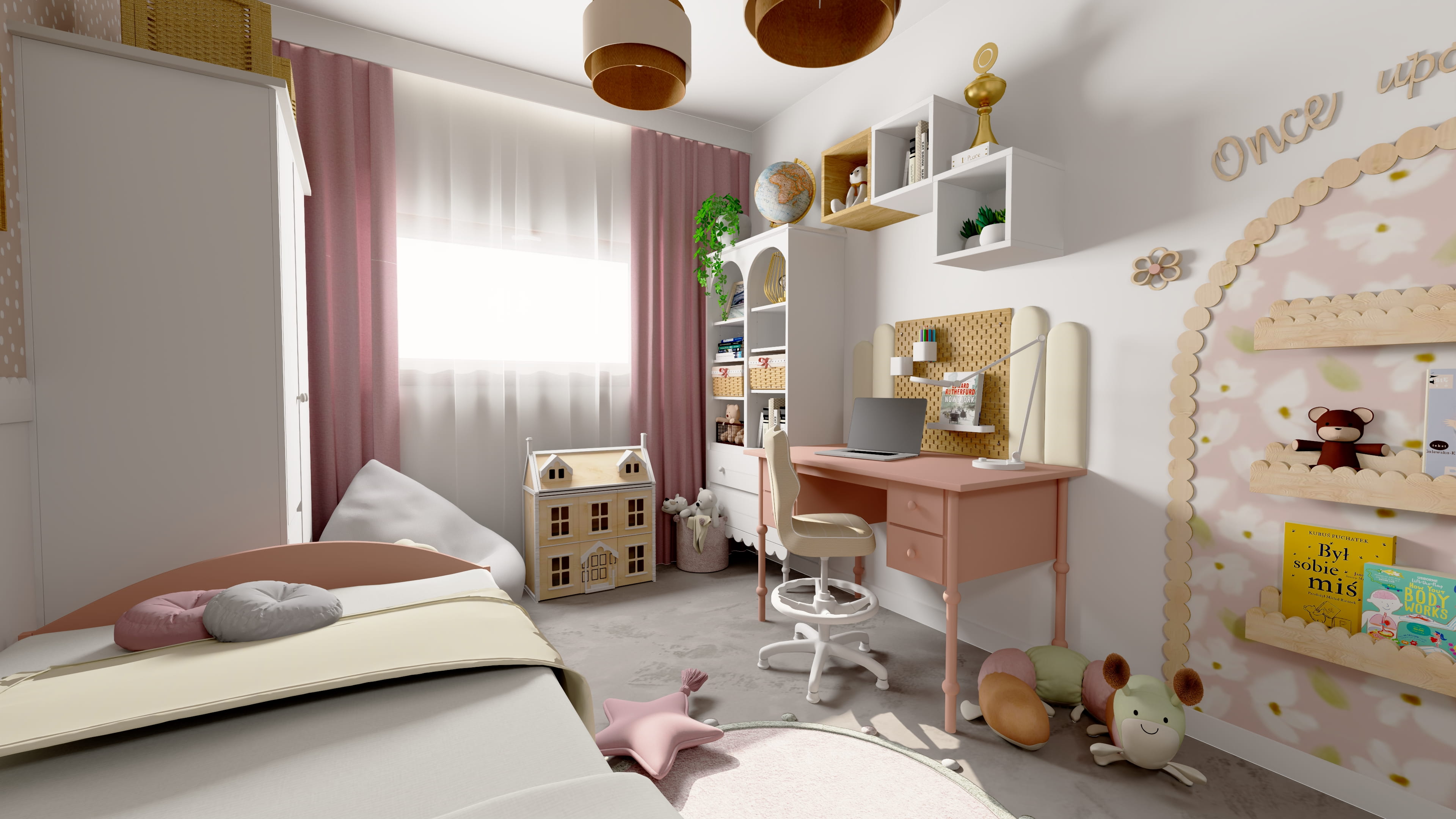 Projekt pokoju nastolatki z wygodnym łóżkiem i funkcjonalnymi półkami. Pokój młodzieżowy dla dziewczynki z pastelową aranżacją i modnymi dodatkami. Inspiracja na pokój dla nastolatki z miejscem do pracy przy komputerze.