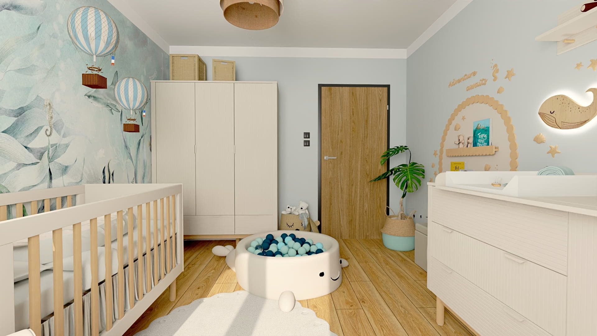 Projekt pokoju dla niemowlaka z praktycznym układem przestrzeni. Aranżacja pokoju dla noworodka z minimalistycznym wystrojem. Pokój niemowlęcy z funkcjonalną przestrzenią do codziennej opieki.