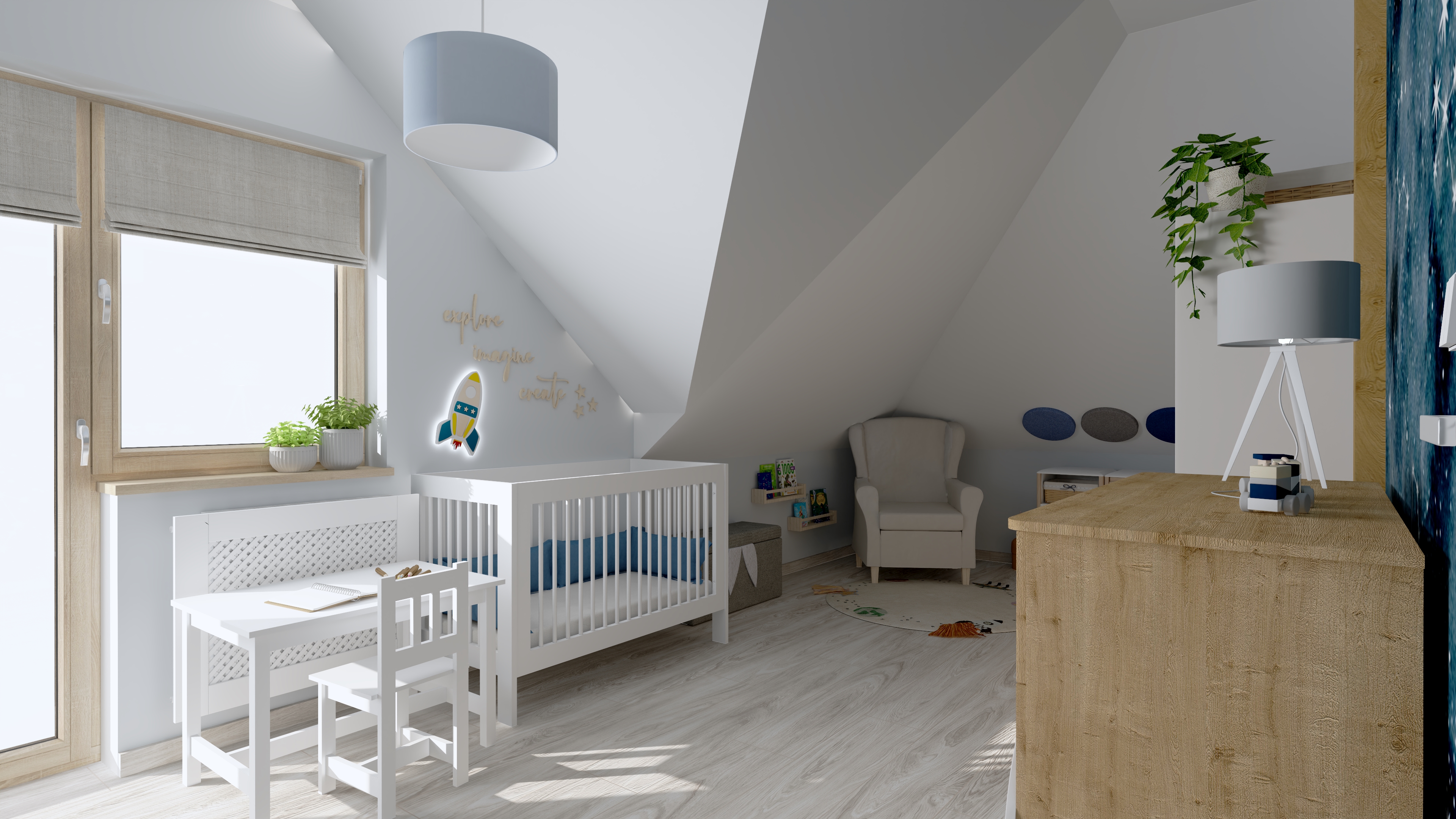 nspiracja na przytulny pokój dla niemowlaka.Projekt pokoju dziecięcego z funkcjonalną i nowoczesną aranżacją. Pokój dziecka z jasną kolorystyką i przytulnym wystrojem.