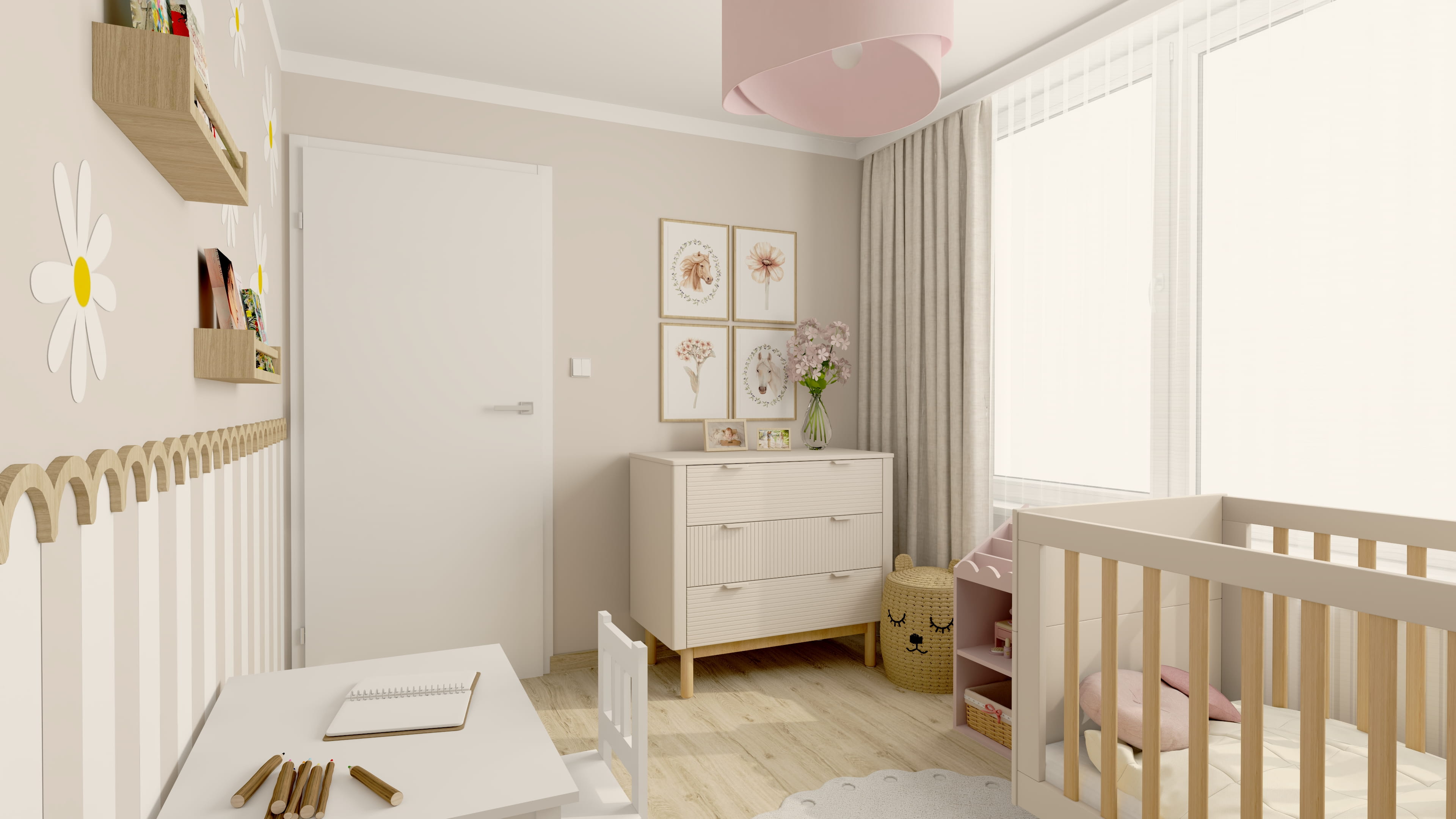 Projekt pokoju dziewczynki z praktycznym układem wnętrza. Aranżacja pokoju dla dziewczynki z miejscem do nauki i zabawy. Pokój dziewczynki z eleganckim i nowoczesnym wystrojem.