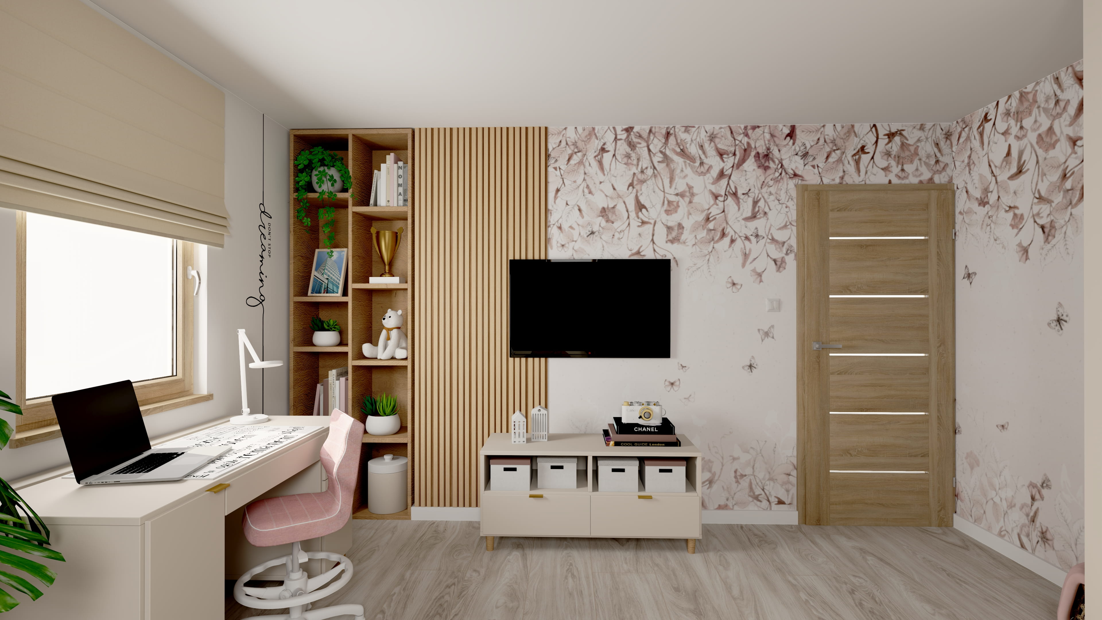 Pokój dla dziewczynki w stylu skandynawskim. Inspiracja na pokój dla dziewczynki w nowoczesnym stylu. Projekt pokoju dla dziewczynki z funkcjonalnymi meblami. Projekt pokoju dziewczynki z funkcjonalną przestrzenią.