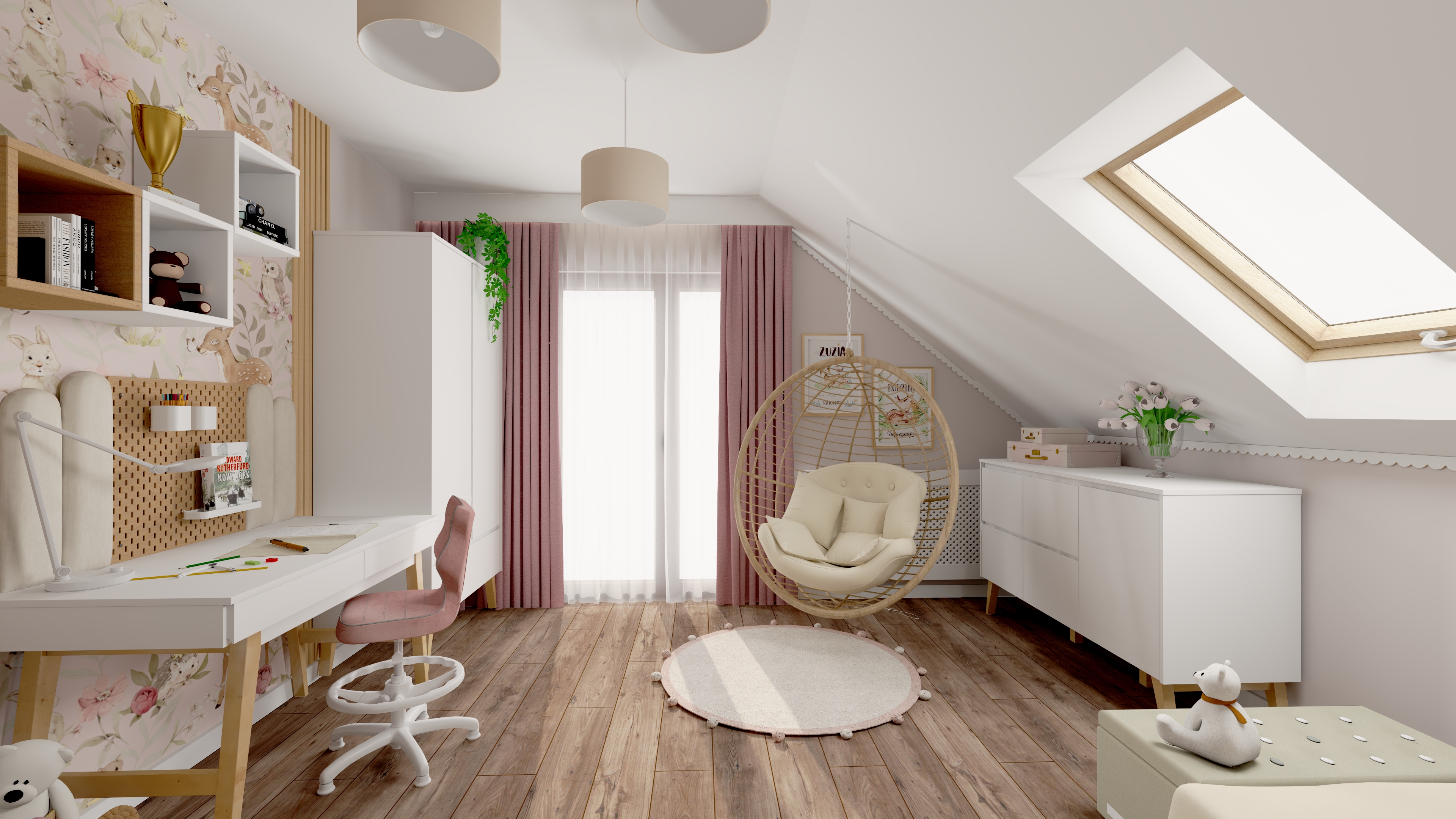 Inspiracja na aranżację pokoju dziecięcego. Pokój młodzieżowy dla dziewczynki z pastelową kolorystyką i funkcjonalnym biurkiem. Projekt pokoju dla nastolatki z modnymi dekoracjami i miejscem do nauki.