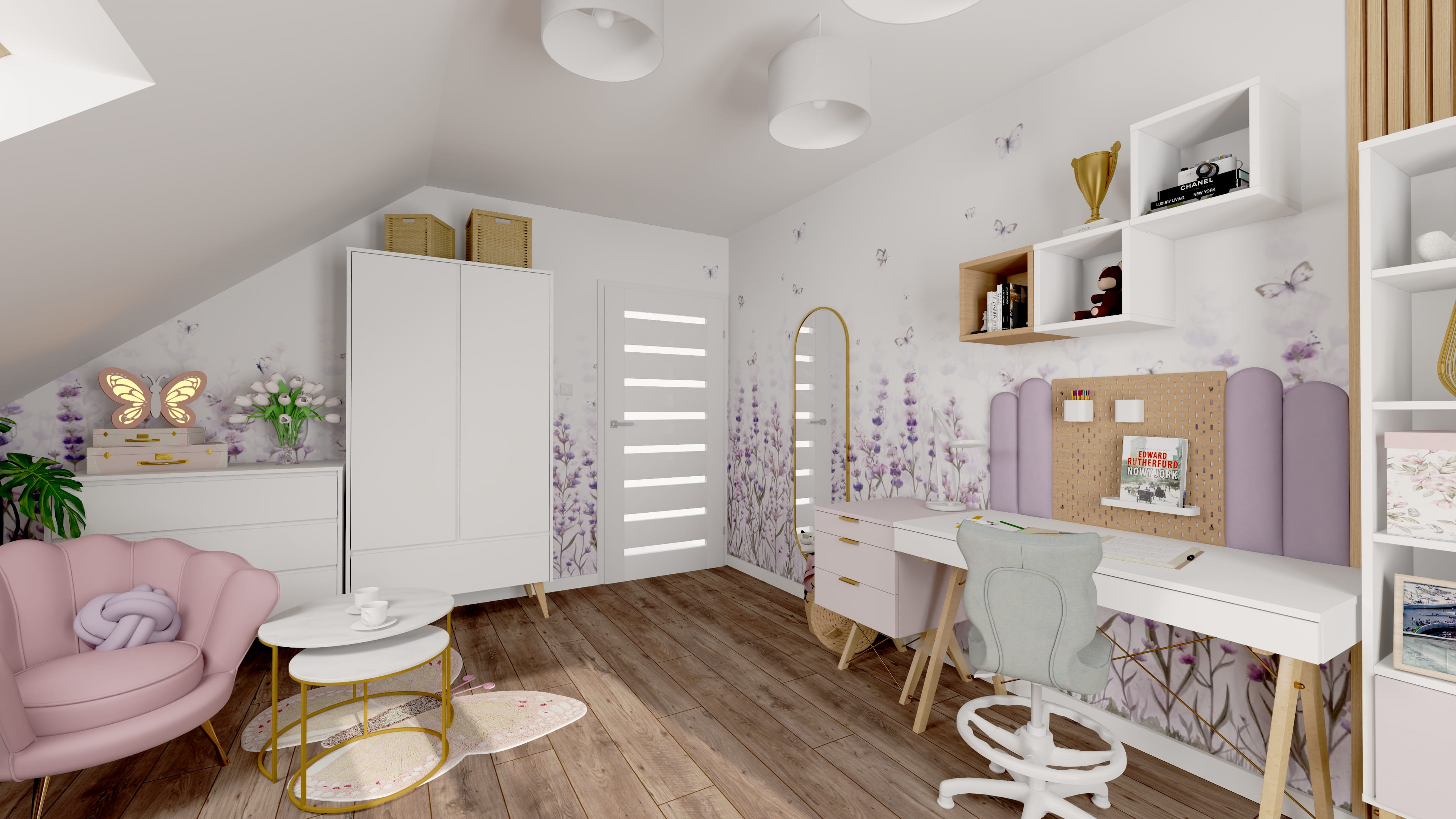 lawendowy pokój dla dziewczynki w stylu subtelnym z jasnymi meblami i delikatnymi dodatkami Subtelny lawendowy pokój dla dziewczynki z jasnymi meblami i dekoracjami w odcieniach fioletu Stylowy pokój dla nastolatki z modnymi dodatkami i przytulnym klimatem.