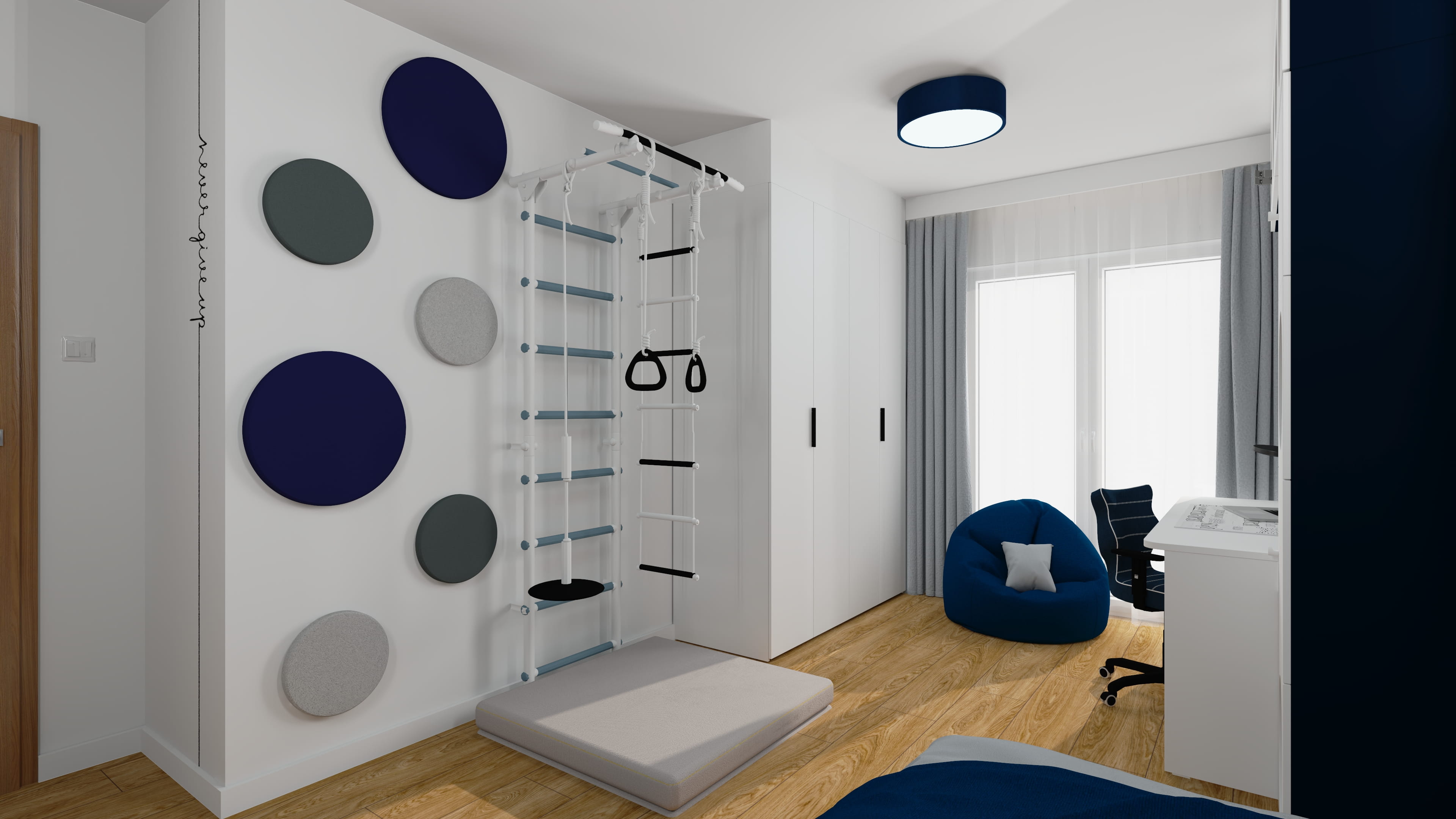 Projekt pokoju młodzieżowego z kolekcją VOX. Projekt pokoju dziecięcego z kosmiczną tapetą. Pokój dla chłopca z dekoracjami w stylu kosmicznym.