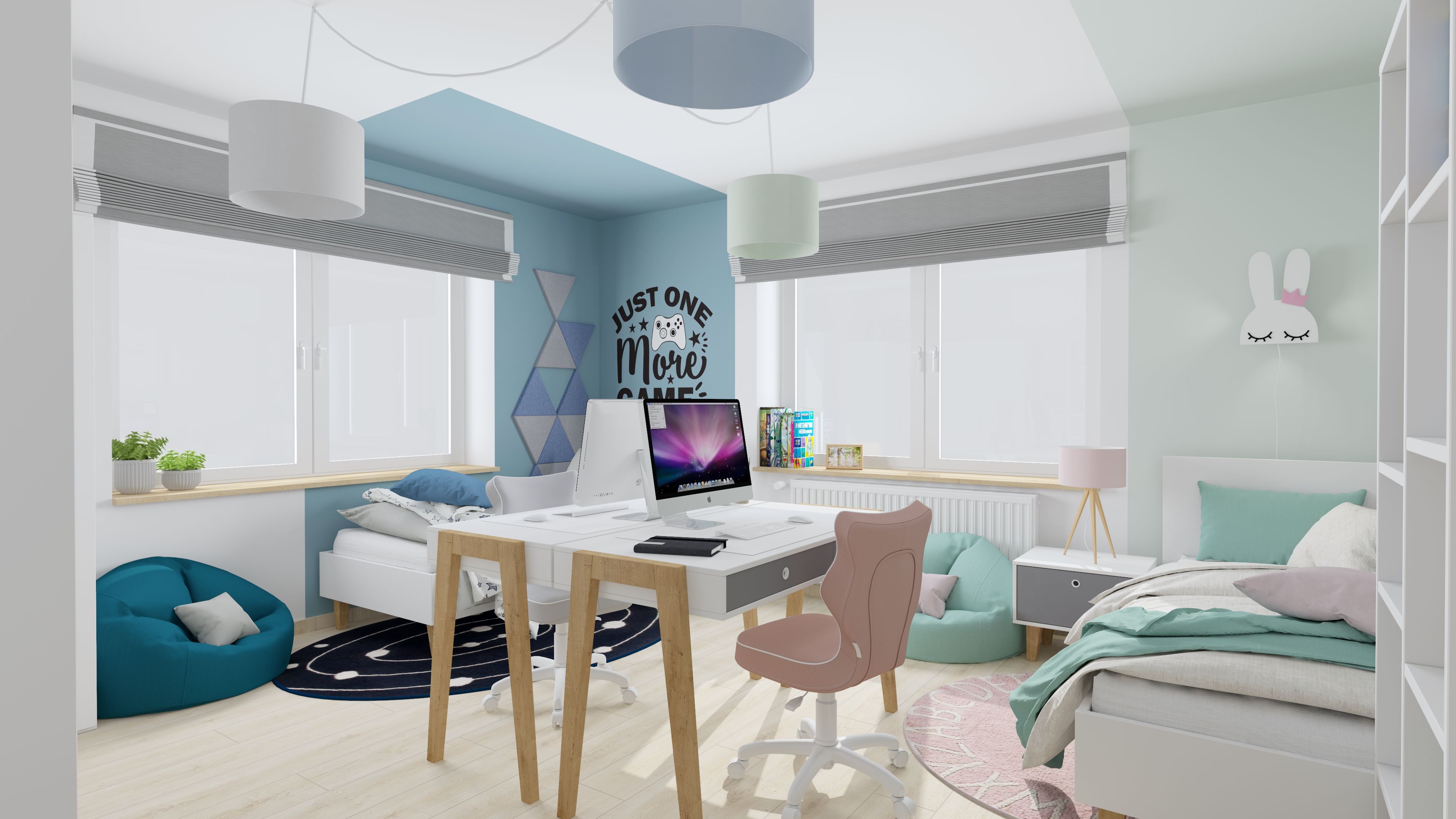 Inspiracja na pokój dziecięcy dla rodzeństwa. Wspólny pokój dziecięcy dla rodzeństwa z funkcjonalnym układem. Projekt pokoju dla dzieci dzielących wspólną przestrzeń.