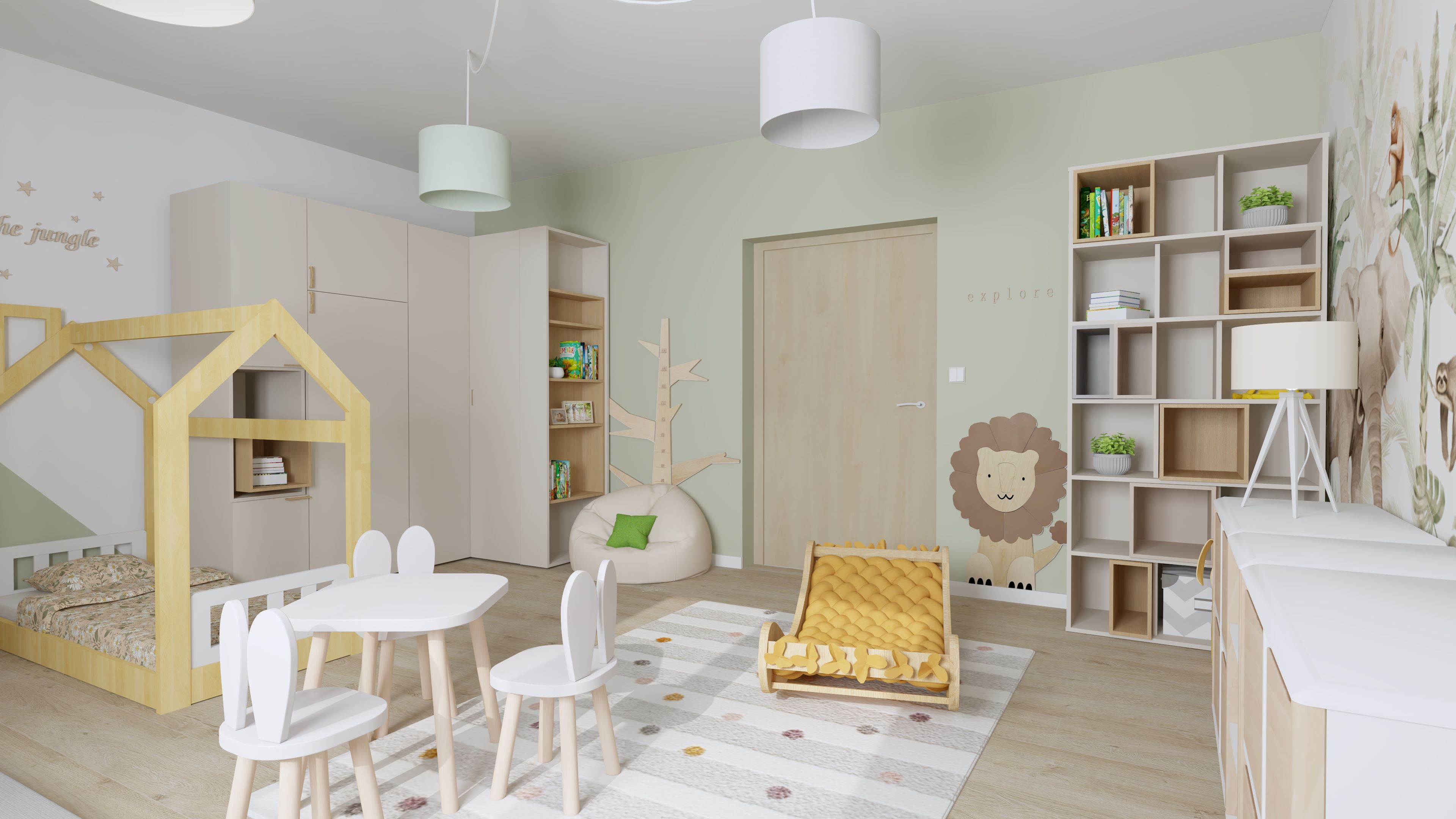 Pokój dla rodzeństwa z funkcjonalną i nowoczesną aranżacją. Projekt pokoju dla rodzeństwa z podziałem na strefy dla dzieci. Aranżacja pokoju dziecięcego dla rodzeństwa z miejscem do nauki i zabawy.