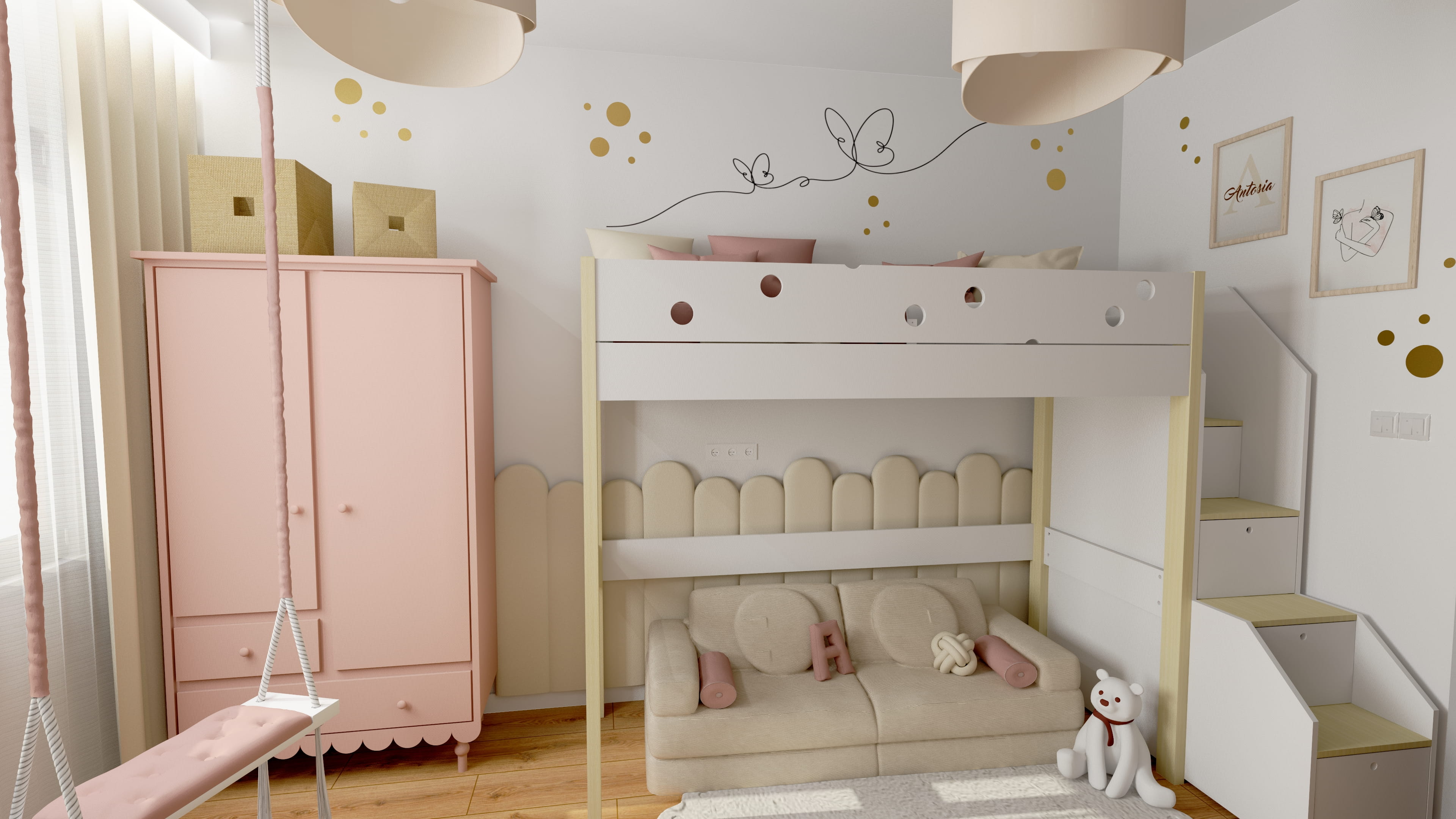 Stylowy pokój dziecięcy z przytulnym wystrojem. Projekt wnętrza pokoju dziecka z jasną kolorystyką. Inspiracja na aranżację pokoju dziecięcego.