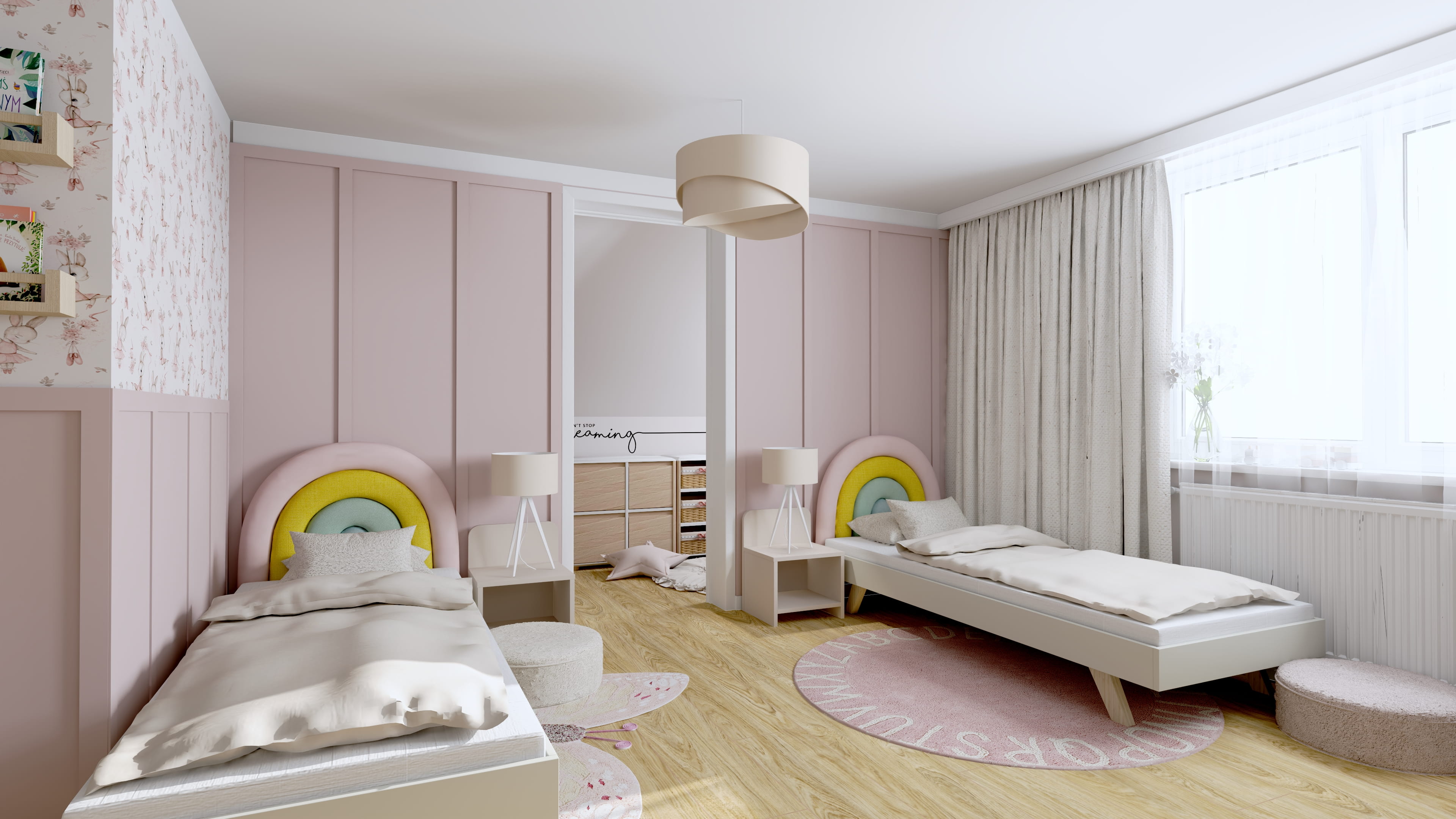Pokój dla sióstr z jasną i przytulną aranżacją wnętrza. Projekt pokoju dla sióstr z funkcjonalnym podziałem przestrzeni. Aranżacja pokoju dla dwóch dziewczynek z miejscem do nauki i zabawy.