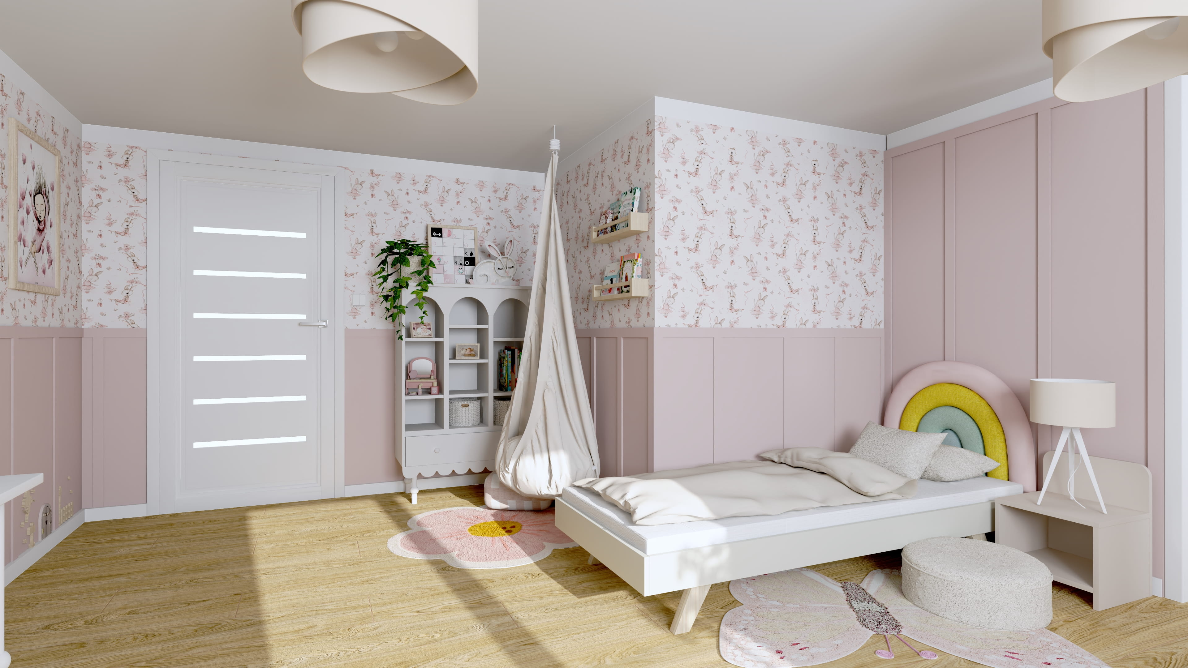 Inspiracja na pokój dla dwóch dziewczynek z harmonijną aranżacją. Wspólny pokój dziecięcy dla rodzeństwa z funkcjonalnym układem. Projekt pokoju dla dzieci dzielących wspólną przestrzeń.