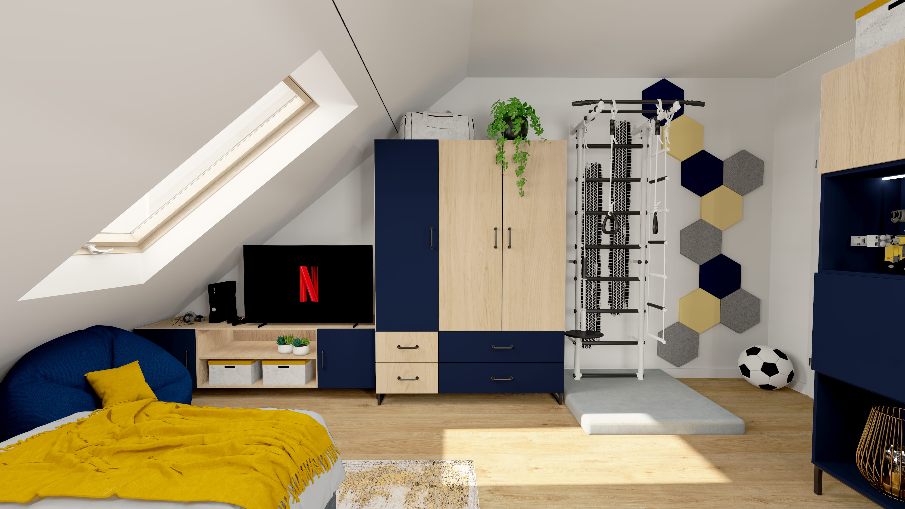 Pokój dla nastolatka z funkcjonalną przestrzenią. Pokój dla nastolatka z gamingową strefą rozrywki. Projekt pokoju chłopca z grafiką pojazdów na ścianie.